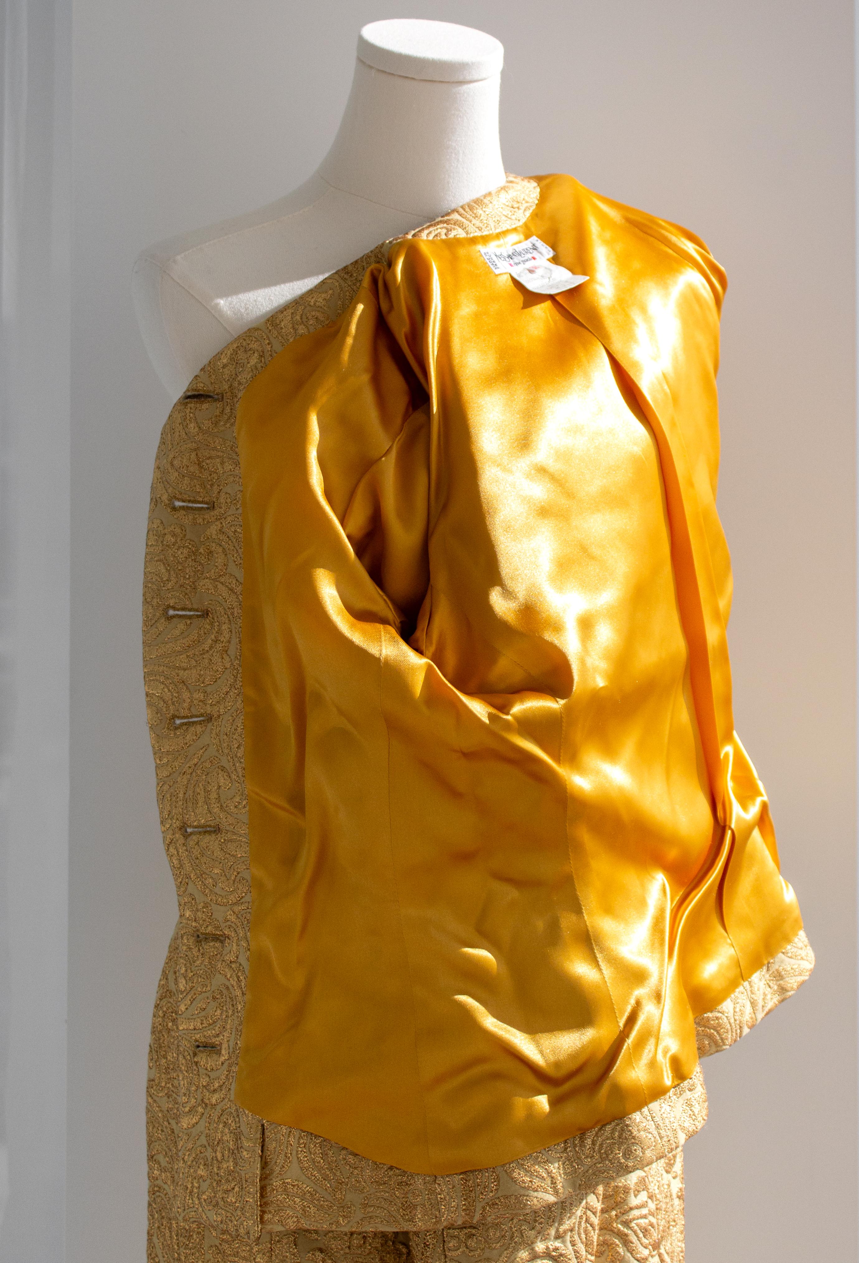 Yves Saint Laurent Rive Gauche Vintage Fall 1991 Gold Brocade Jacket Skirt Suit 5