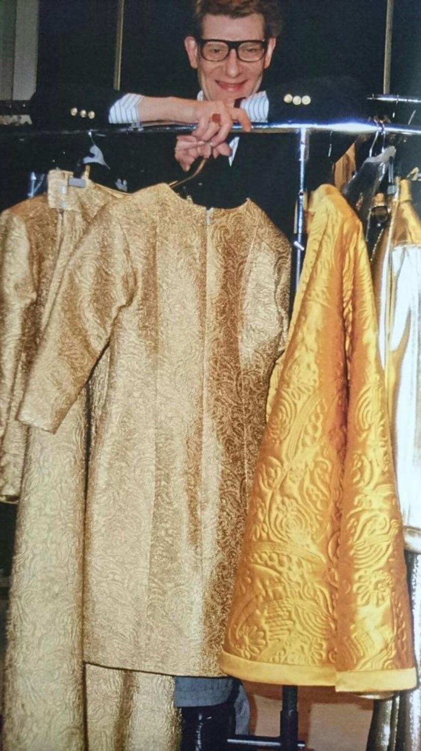 Yves Saint Laurent Rive Gauche Vintage Herbst 1991 Goldbrokat Jacke Rock Anzug (Braun) im Angebot