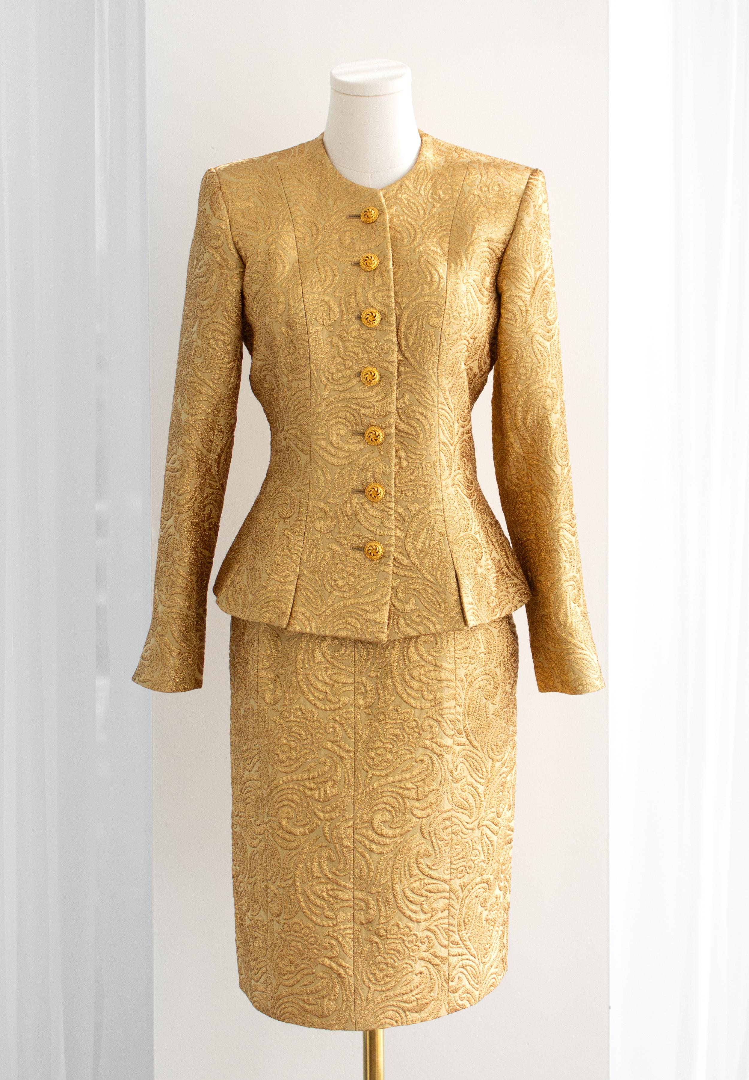 Yves Saint Laurent Rive Gauche Vintage Herbst 1991 Goldbrokat Jacke Rock Anzug im Zustand „Gut“ im Angebot in Jersey City, NJ