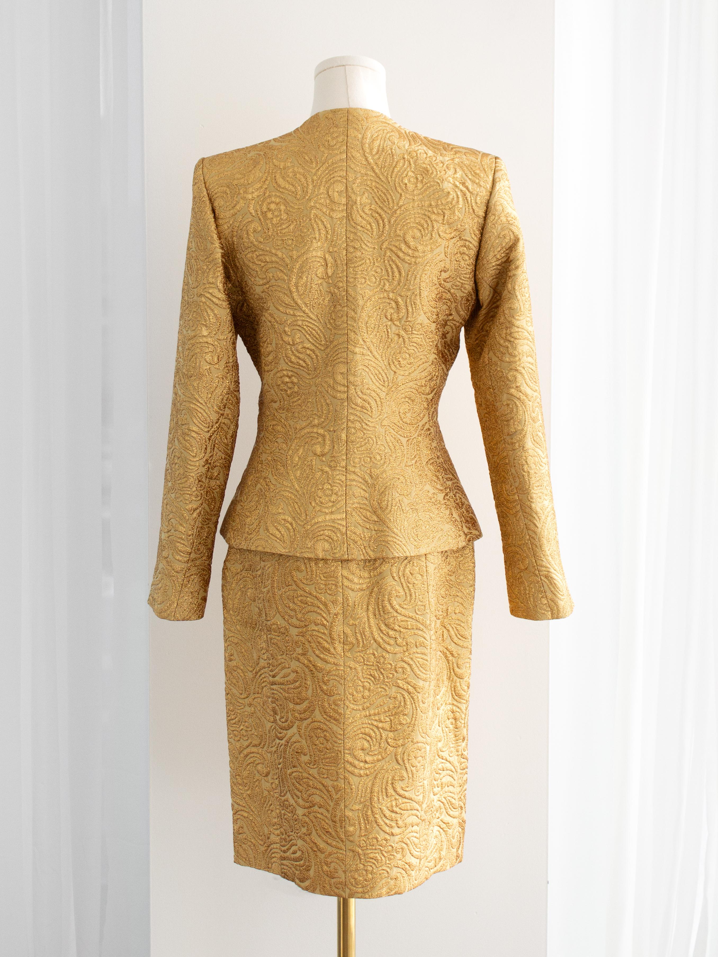 Yves Saint Laurent Rive Gauche Vintage Herbst 1991 Goldbrokat Jacke Rock Anzug Damen im Angebot