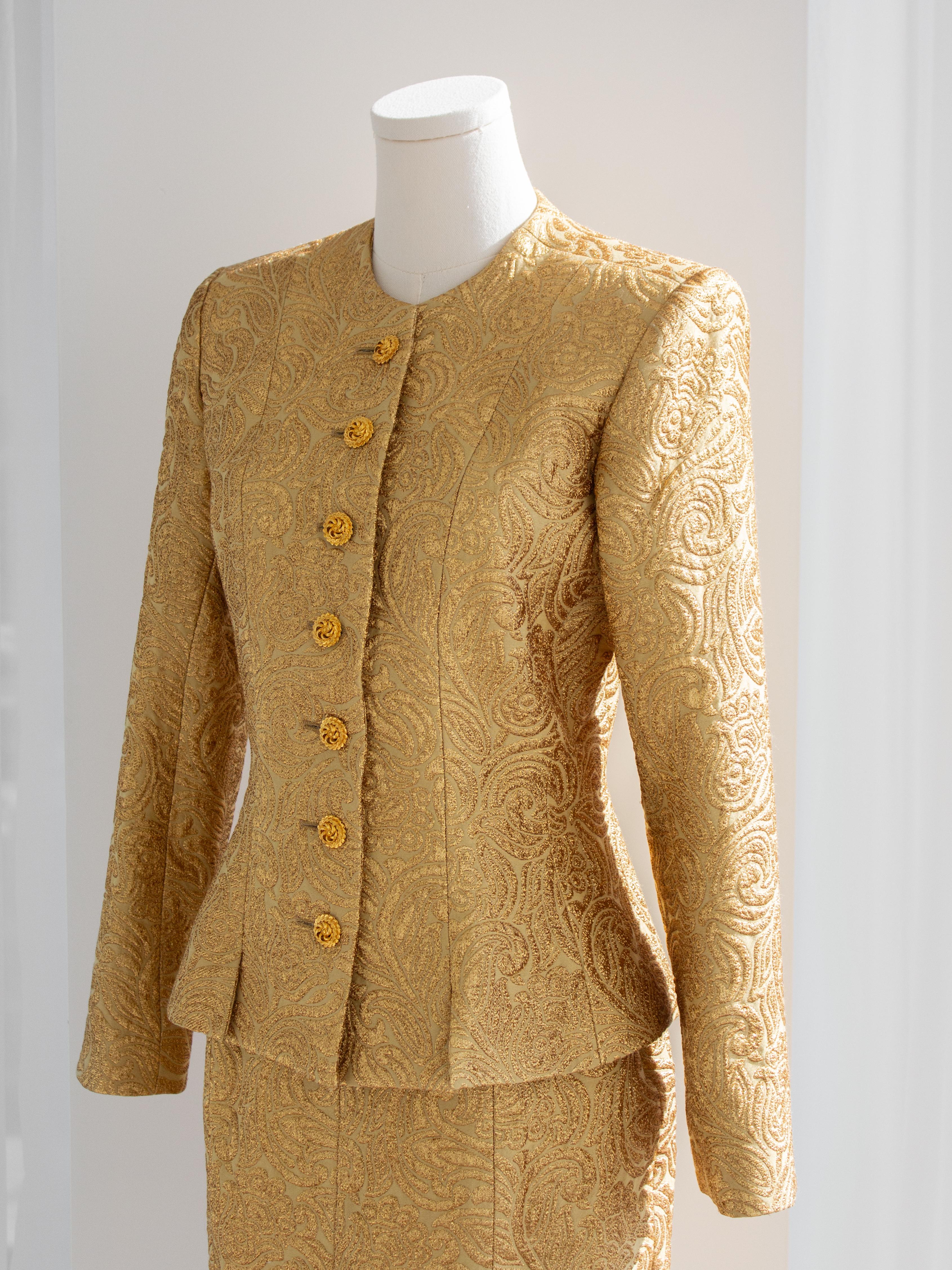 Yves Saint Laurent Rive Gauche Vintage Herbst 1991 Goldbrokat Jacke Rock Anzug im Angebot 1