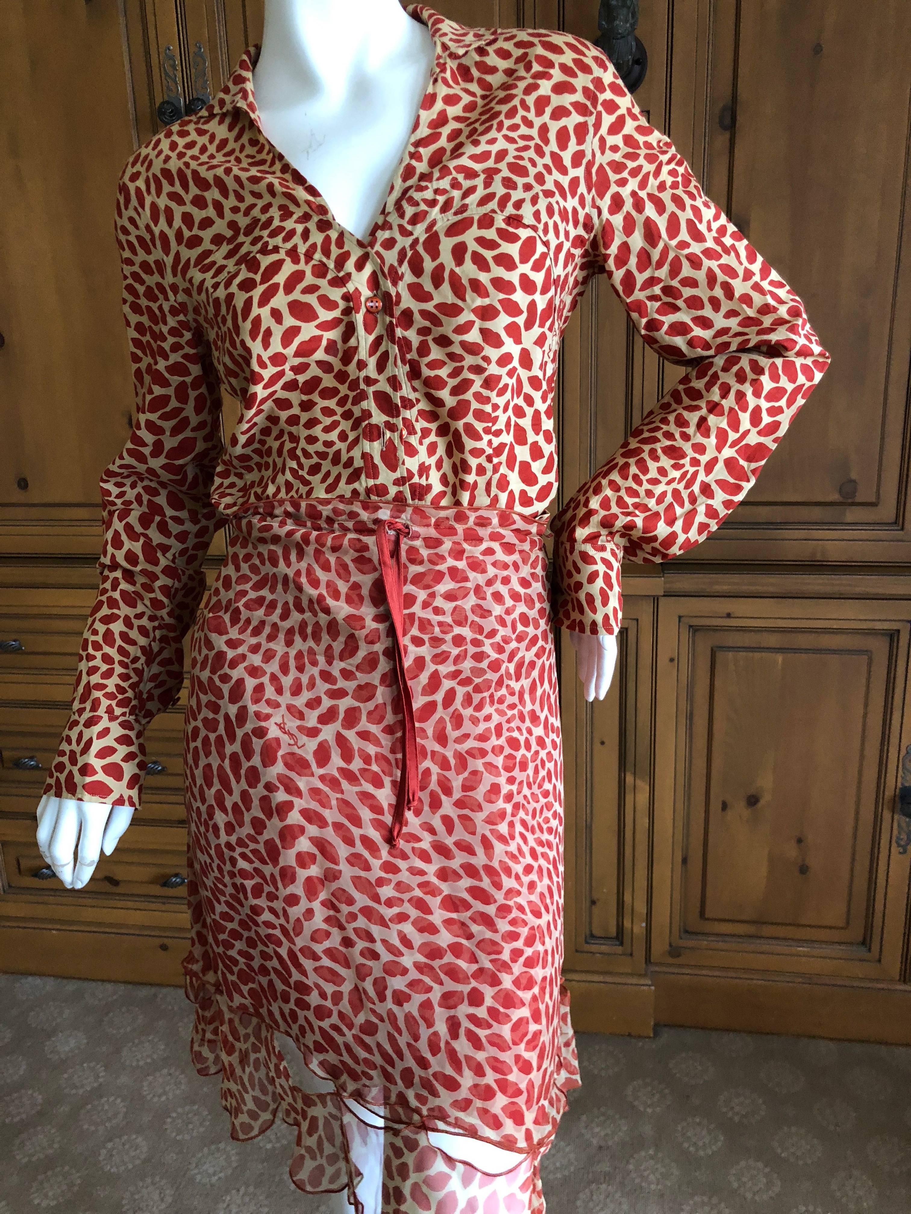 Romantic Yves Saint Laurent Rive Gauche Vintage Lips Print Two Piece Dress.
Flamenco style skirt with ruffles and a button up jacket 
Size 40
Skirt; Waist 26