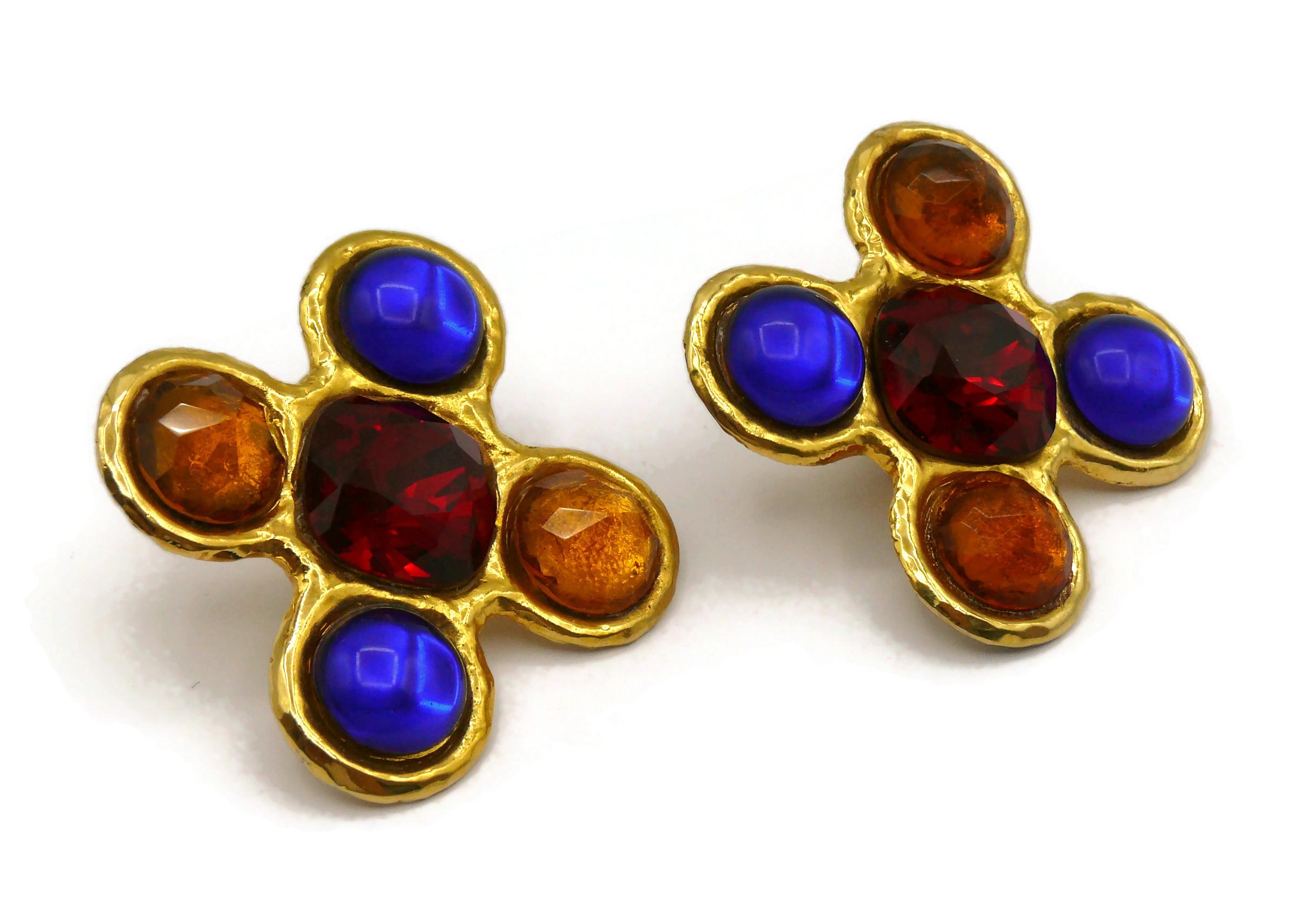 Women's YVES SAINT LAURENT Rive Gauche Vintage Massive Jewelled Cross Clip-On Earrings For Sale