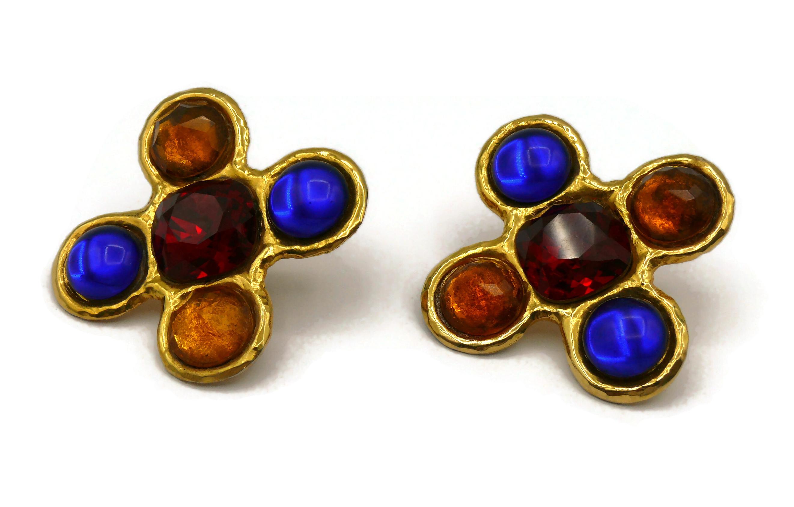 YVES SAINT LAURENT Rive Gauche Vintage Massive Jewelled Cross Clip-On Earrings For Sale 1