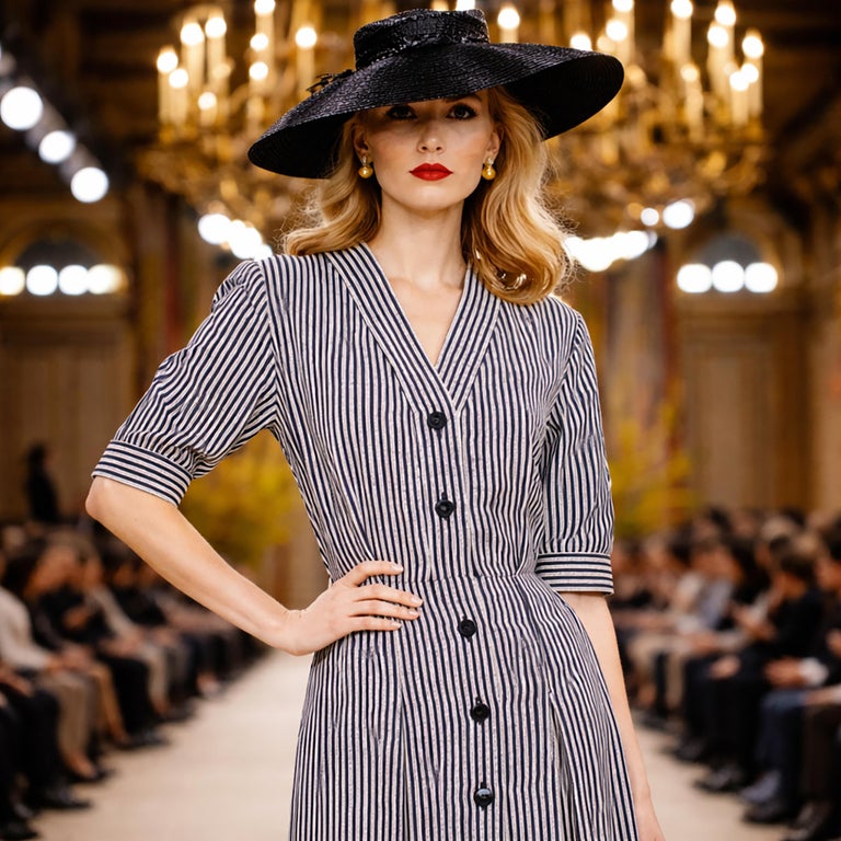 Yves Saint Laurent Rive Gauche Vintage Pinstripe Dress 1990s Sz 46