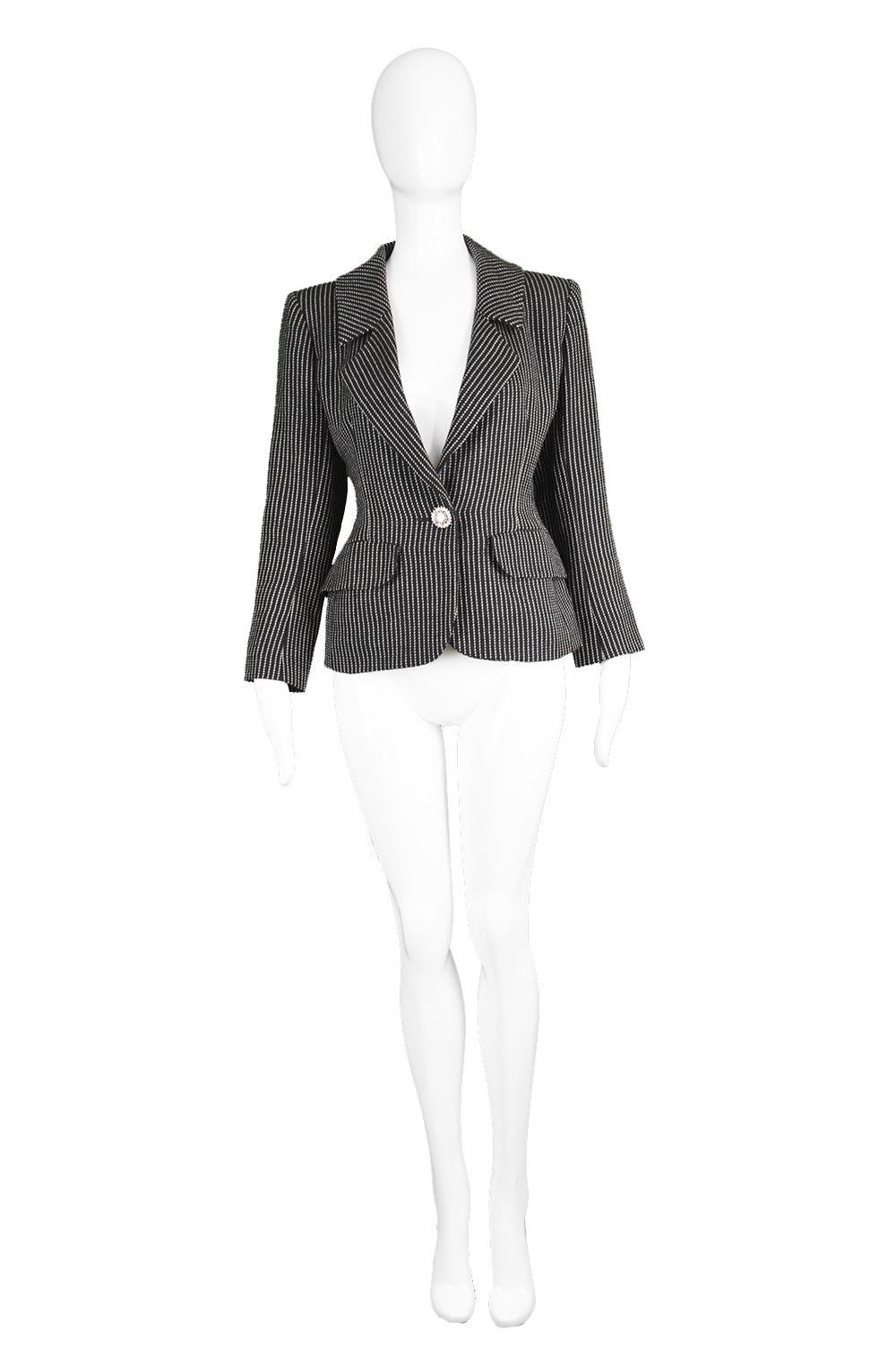 Yves Saint Laurent YSL Rive Gauche Vintage Women's Broken Pinstripe Blazer, 1980s 

Size: fits roughly like a modern women's UK 12/ US 8/ EU 40. Please check measurements. 
Bust - 38” / 96cm
Waist - 30” / 76cm
Length (Shoulder to Hem) - 22” /