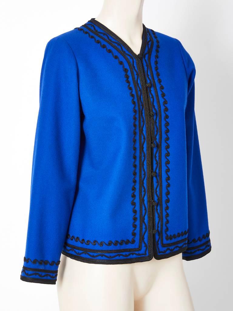 Yves Saint Laurent, Rive Gauche, royal blue wool, jacket with black passementerie  embellishment. No collar. Jackett falls at the hip.