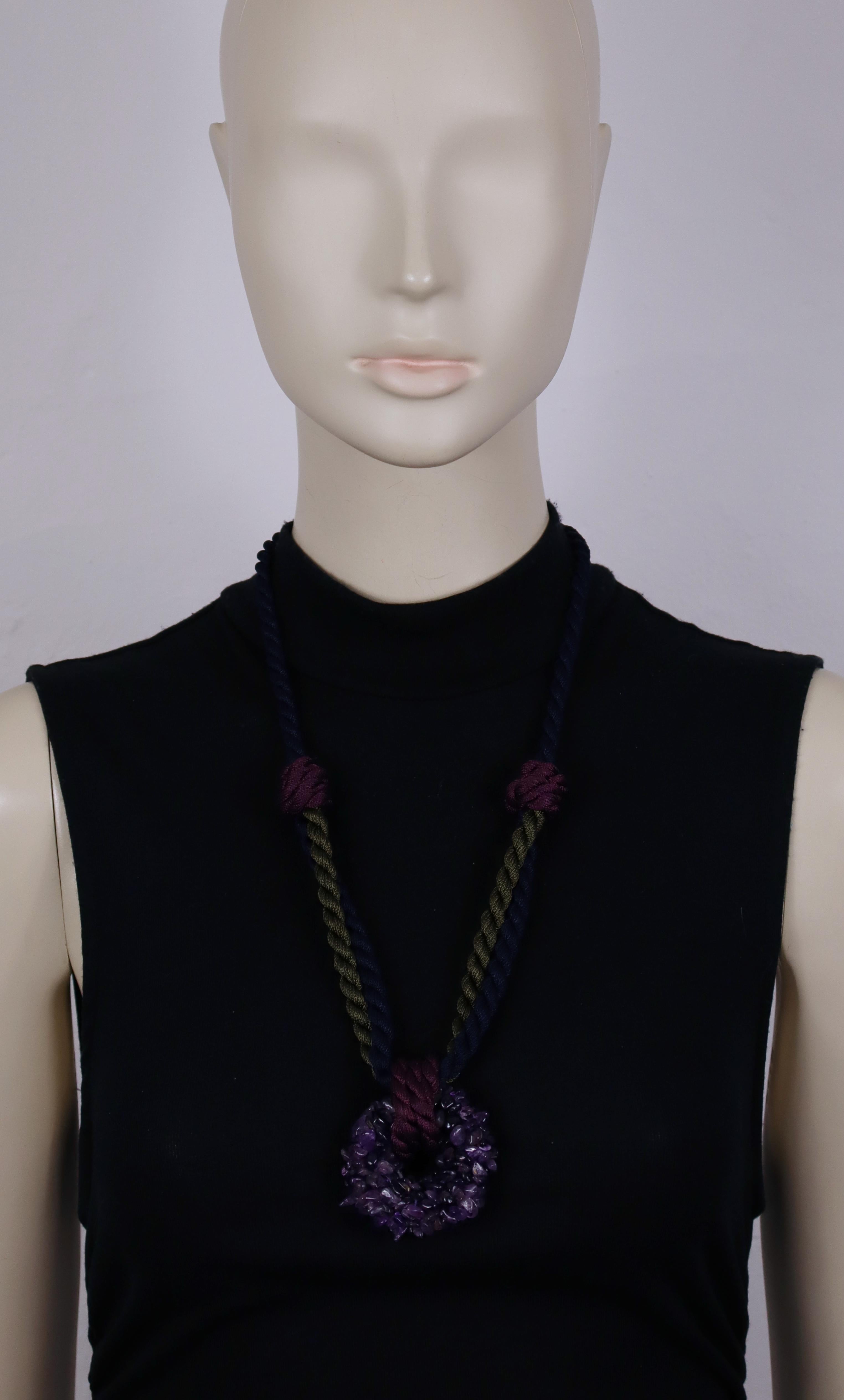YVES SAINT LAURENT Rive Gauche vintage passementerie rope (khaki, purple, blue) necklace featuring a ring pendant embellished with amethyst chips.

Ajustable length.
Gold tone metal hardware.

Embossed YVES SAINT LAURENT Rive Gauche Made in