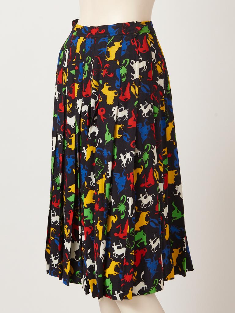 Black Yves Saint Laurent Rive Gauche Zodiac Pattern Skirt Late 70's