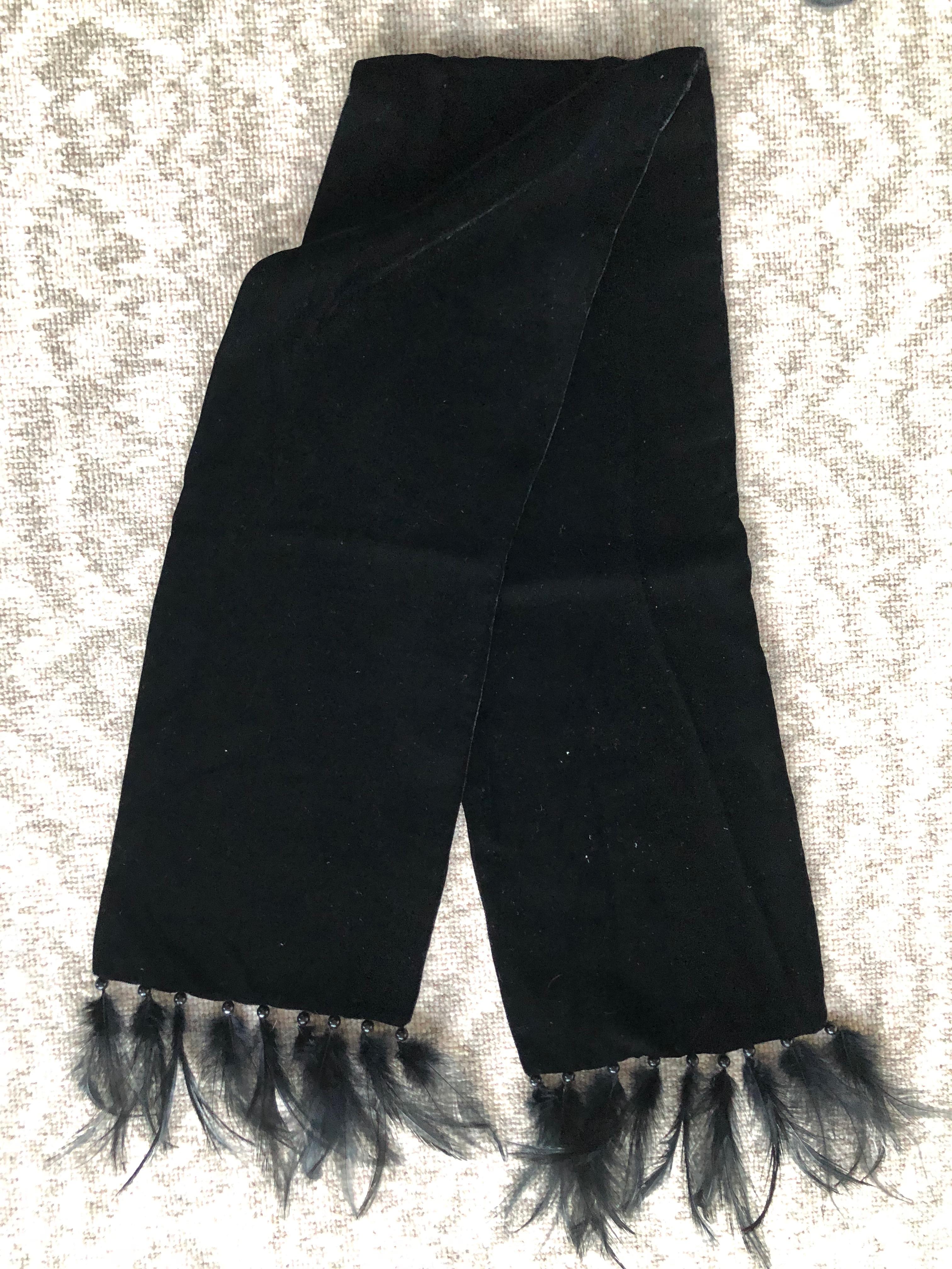 Yves Saint Laurent Rive Guache Vintage Black Velvet Scarf with Feather Accents For Sale 1