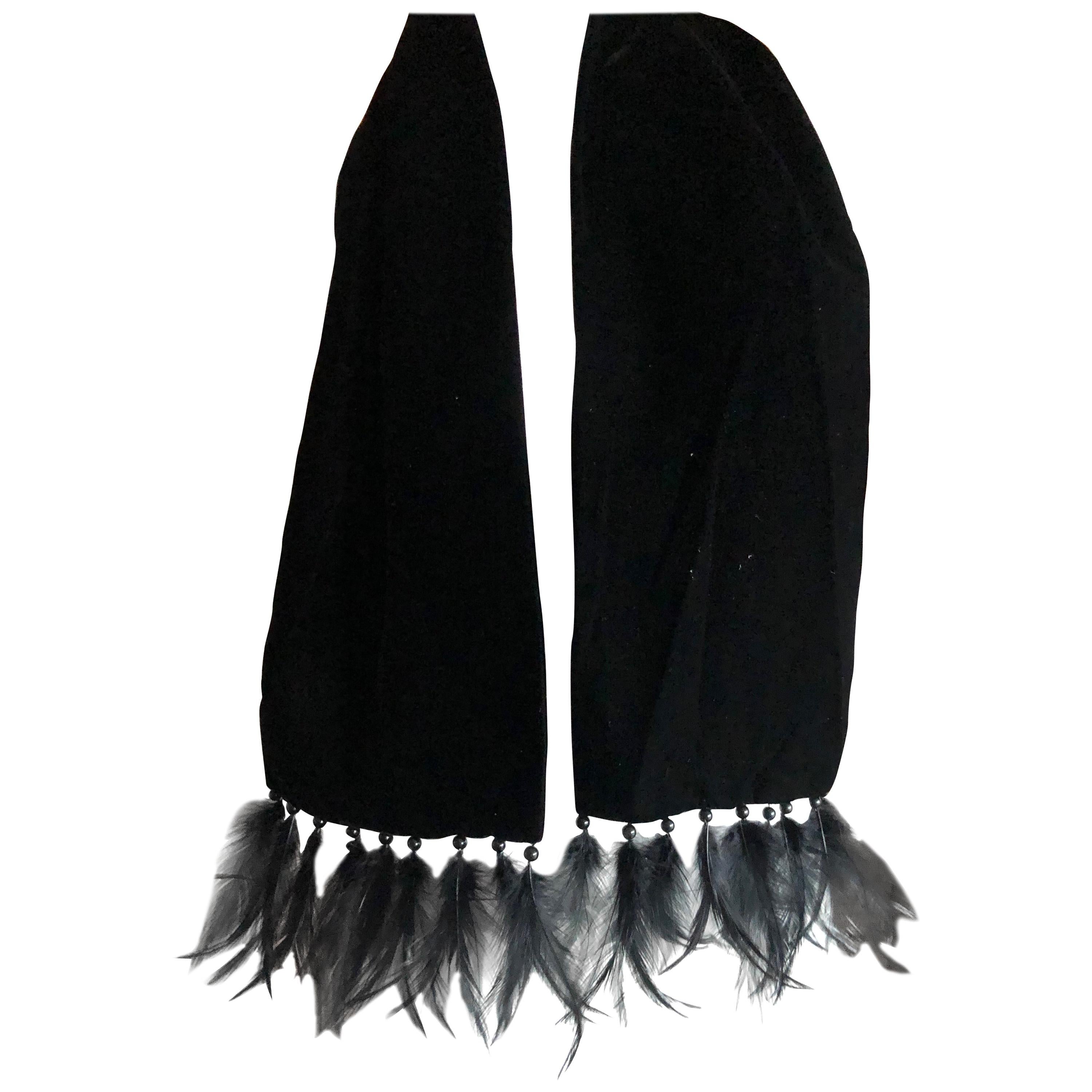 Yves Saint Laurent Rive Guache Vintage Black Velvet Scarf with Feather Accents For Sale