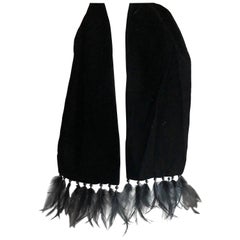 Yves Saint Laurent Rive Guache Vintage Black Velvet Scarf with Feather Accents