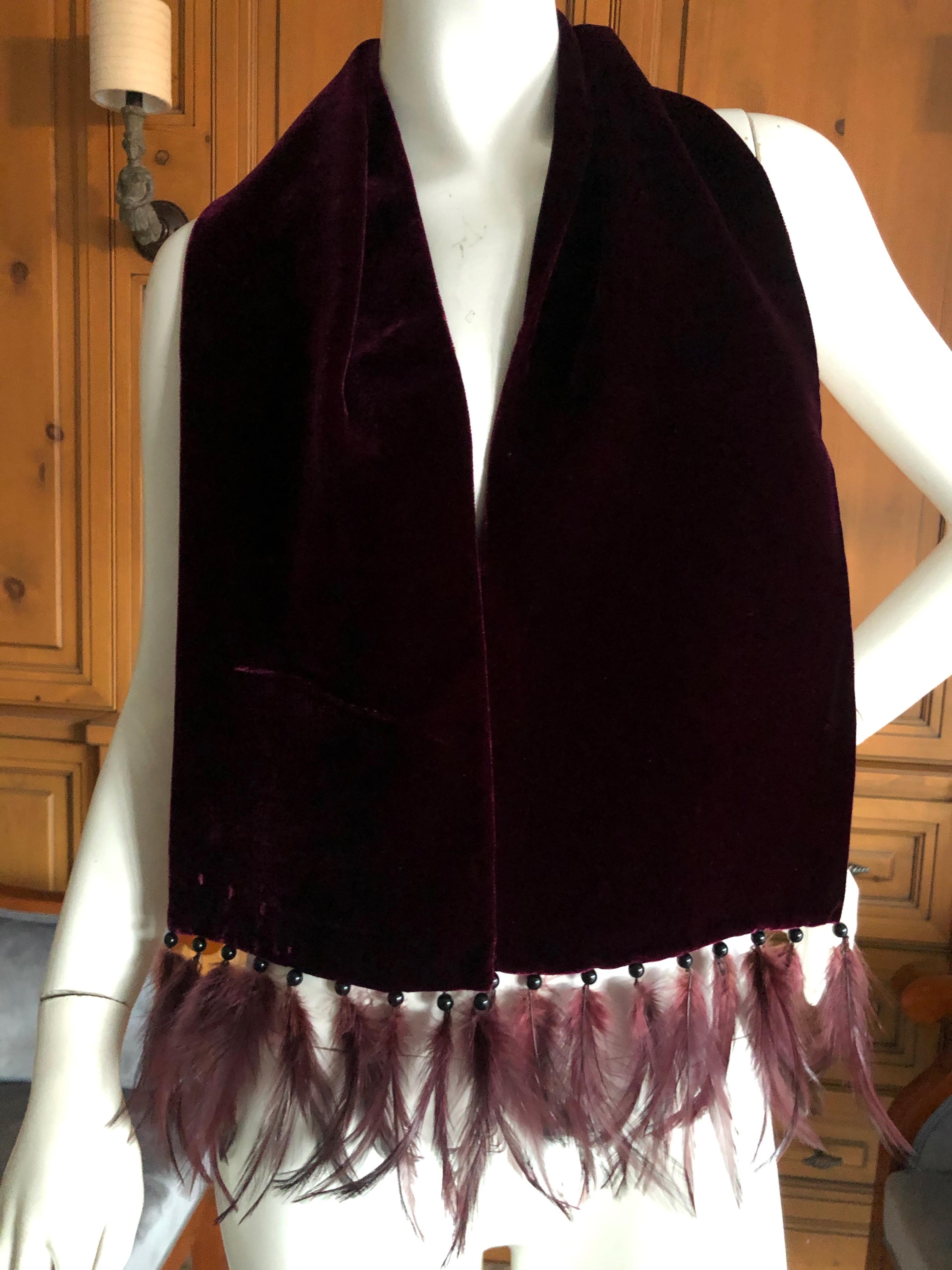 Yves Saint Laurent Rive Guache Vintage Burgundy Velvet Scarf w Feather Accents In Excellent Condition For Sale In Cloverdale, CA
