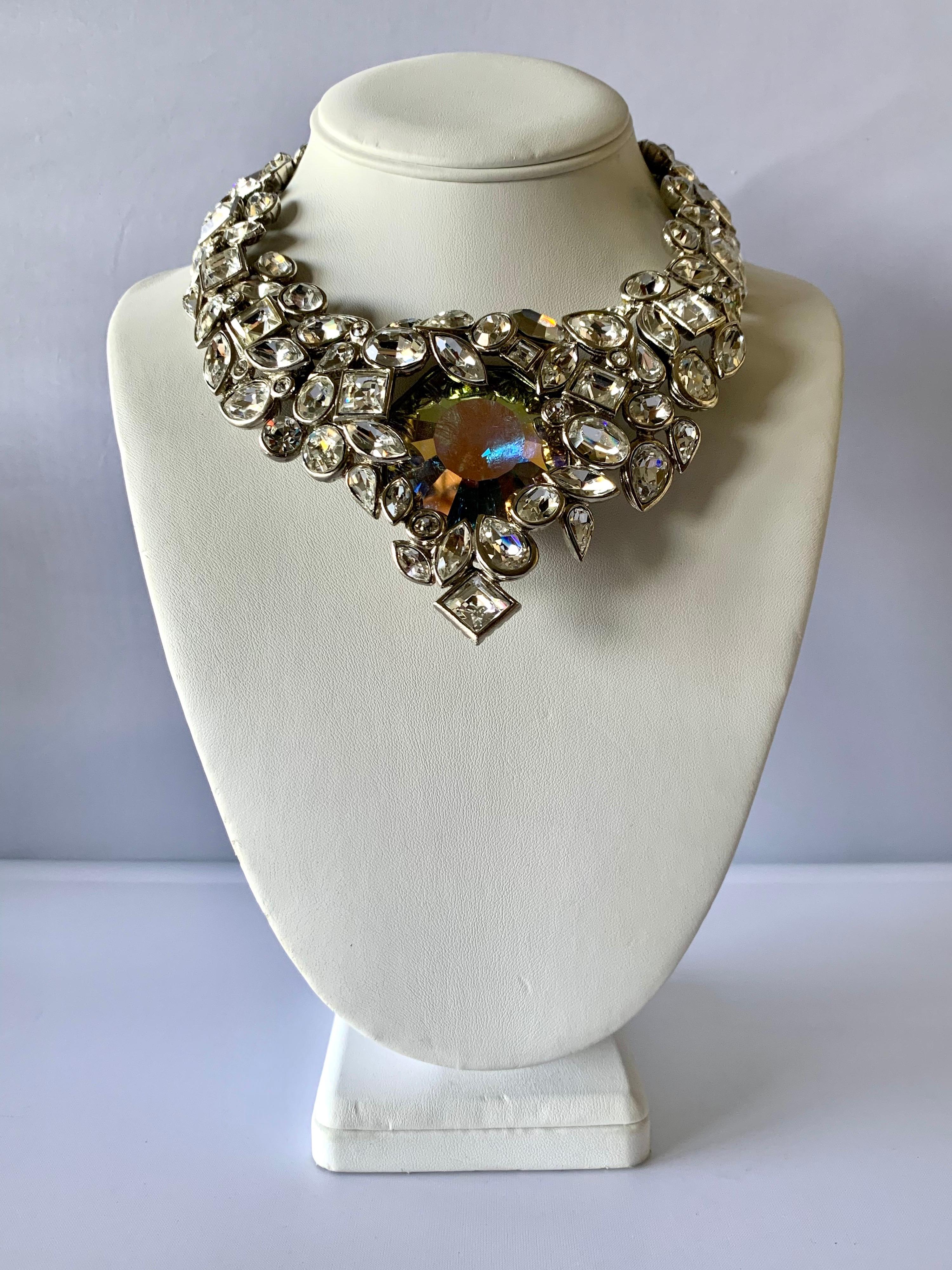 Scarce vintage Yves Saint Laurent jeweled diamante silver-tone statement necklace by Robert Goossens. The necklace features a striking yet intricate design with clear glass faceted cut stones - masterfully crafted by Maison Robert Goossens for Yves
