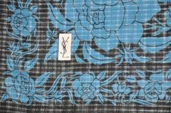 Yves Saint Laurent Royal Blue & Black Floral Wool Challis Fringe Scarf
