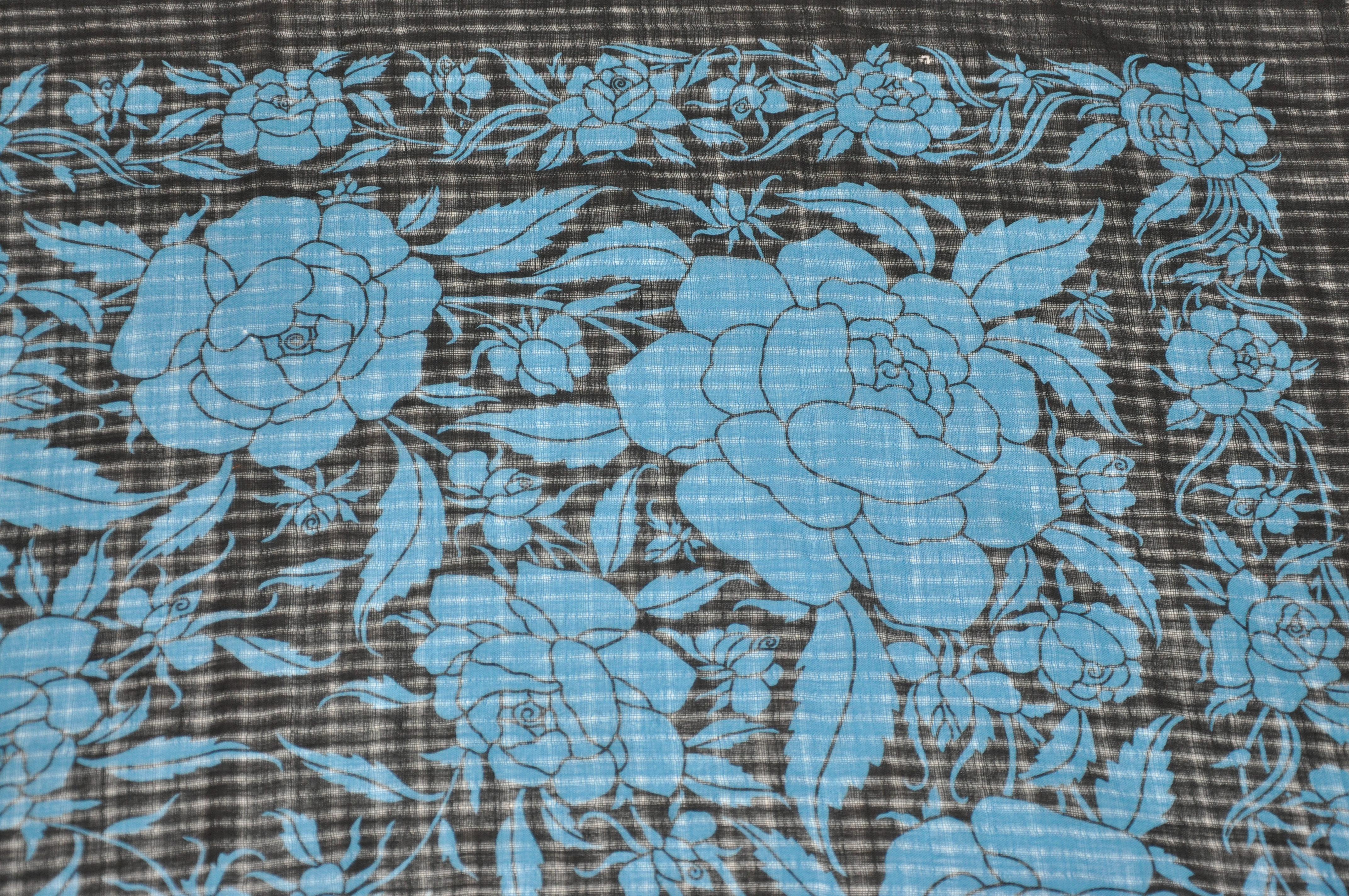 Women's or Men's Yves Saint Laurent Royal Blue & Black Floral Wool Challis Fringe Scarf For Sale