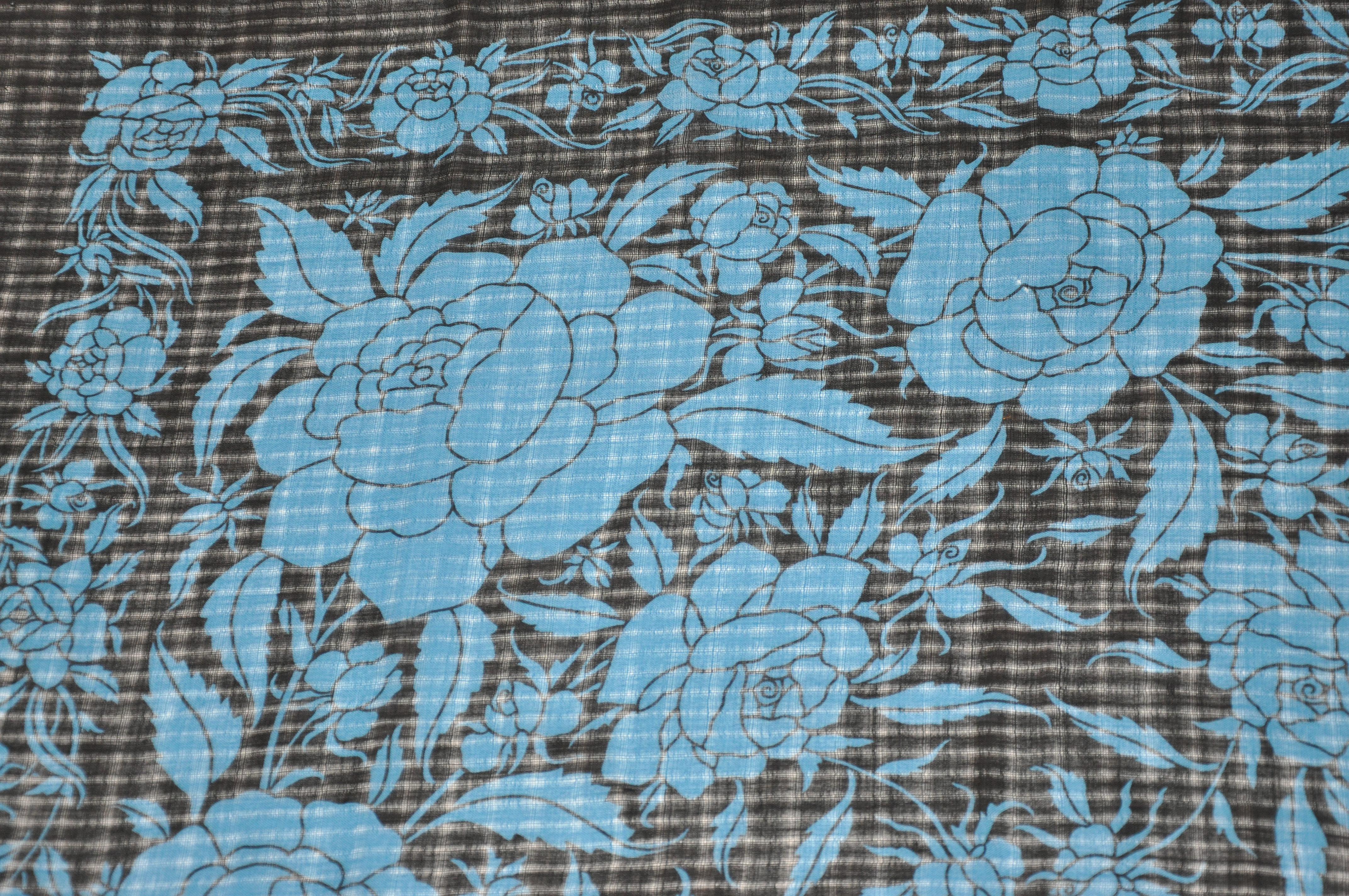 Yves Saint Laurent Royal Blue & Black Floral Wool Challis Fringe Scarf For Sale 1