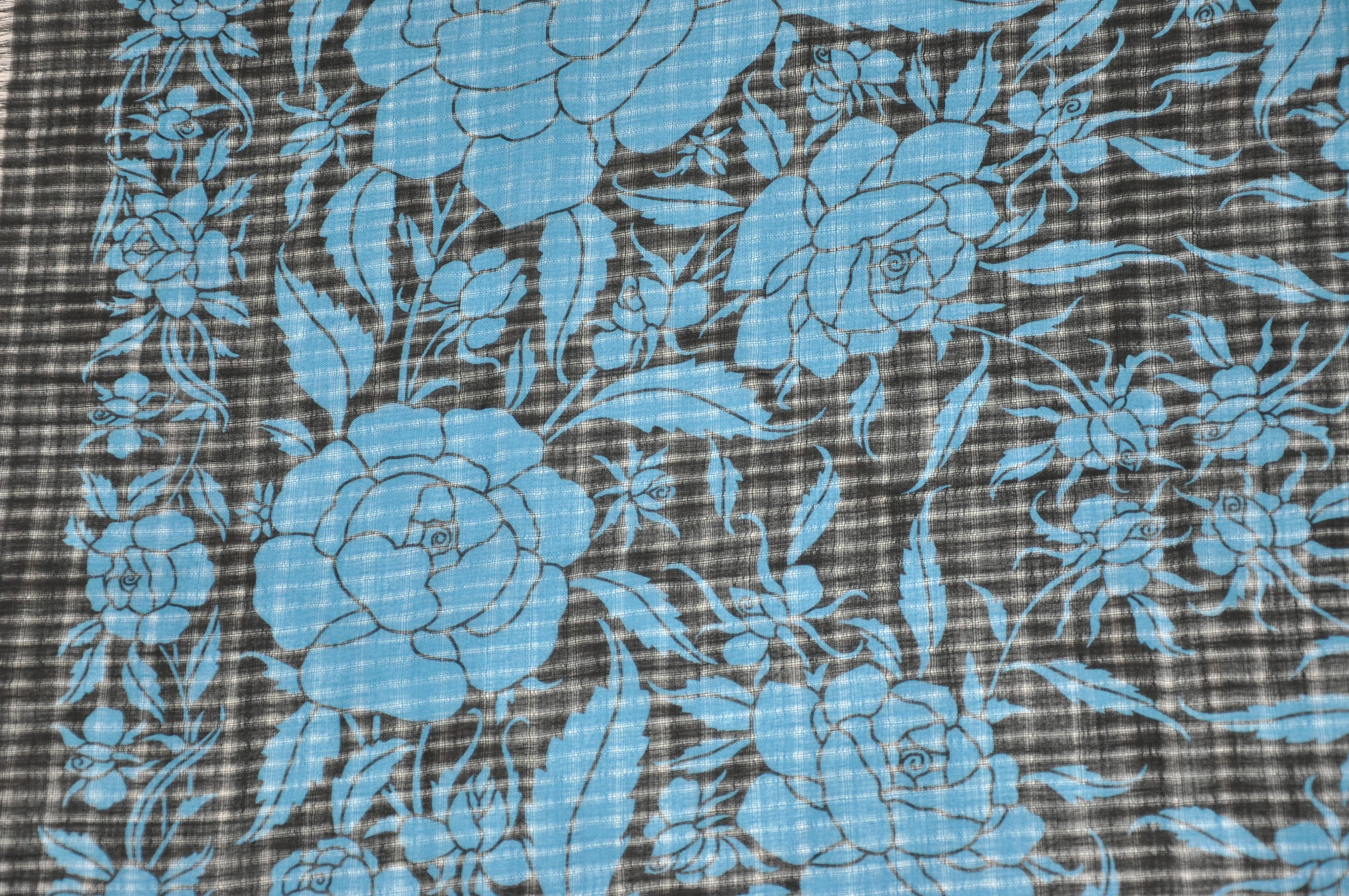 Yves Saint Laurent Royal Blue & Black Floral Wool Challis Fringe Scarf For Sale 2