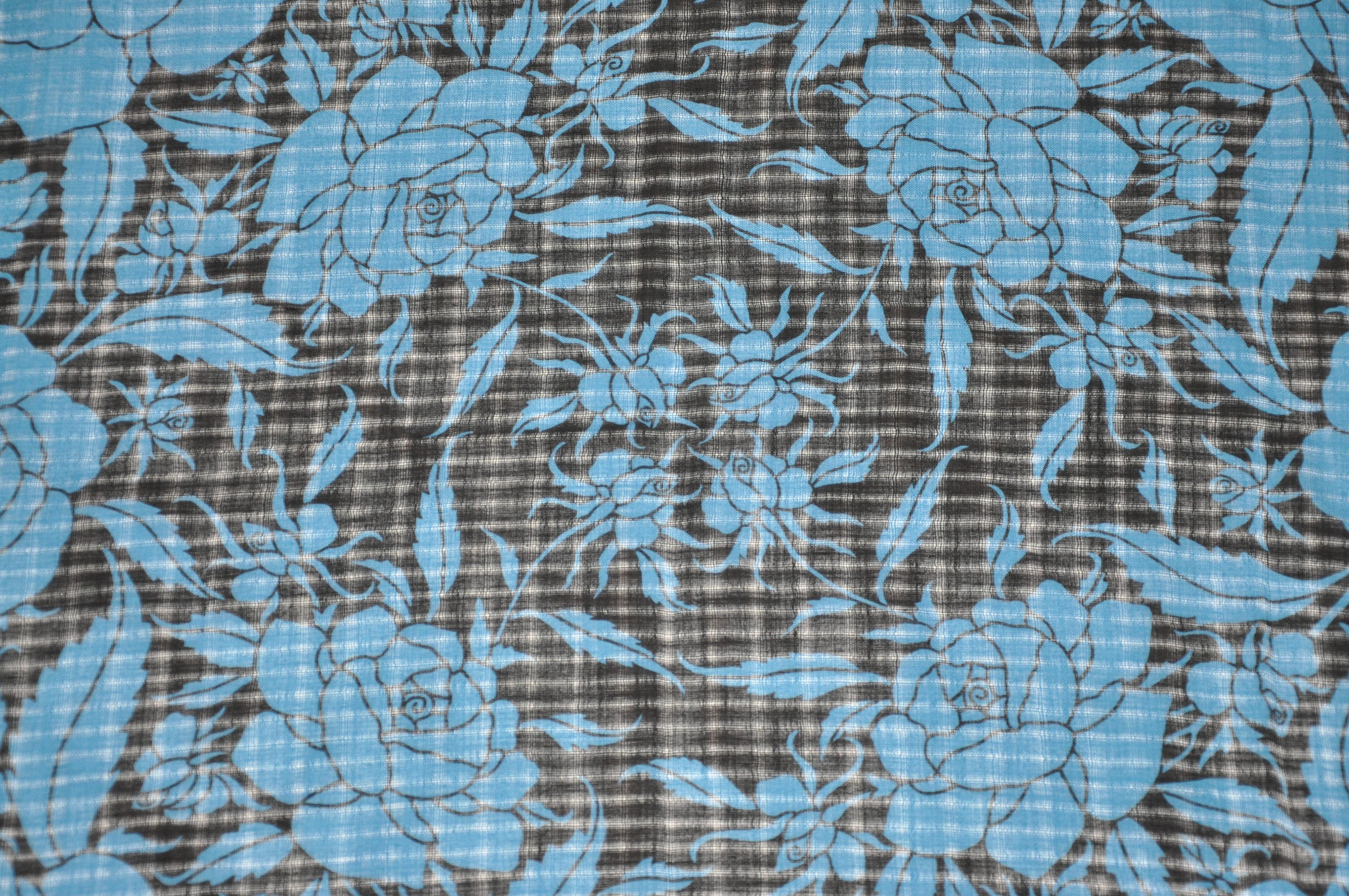 Yves Saint Laurent Royal Blue & Black Floral Wool Challis Fringe Scarf For Sale 3