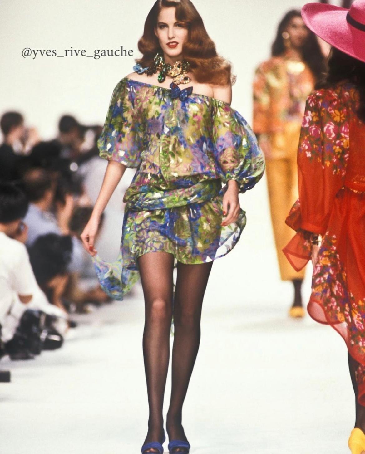 Beige Yves Saint Laurent Runway Floral-Print Silk Chiffon Mini Dress Or Top, SS 1990