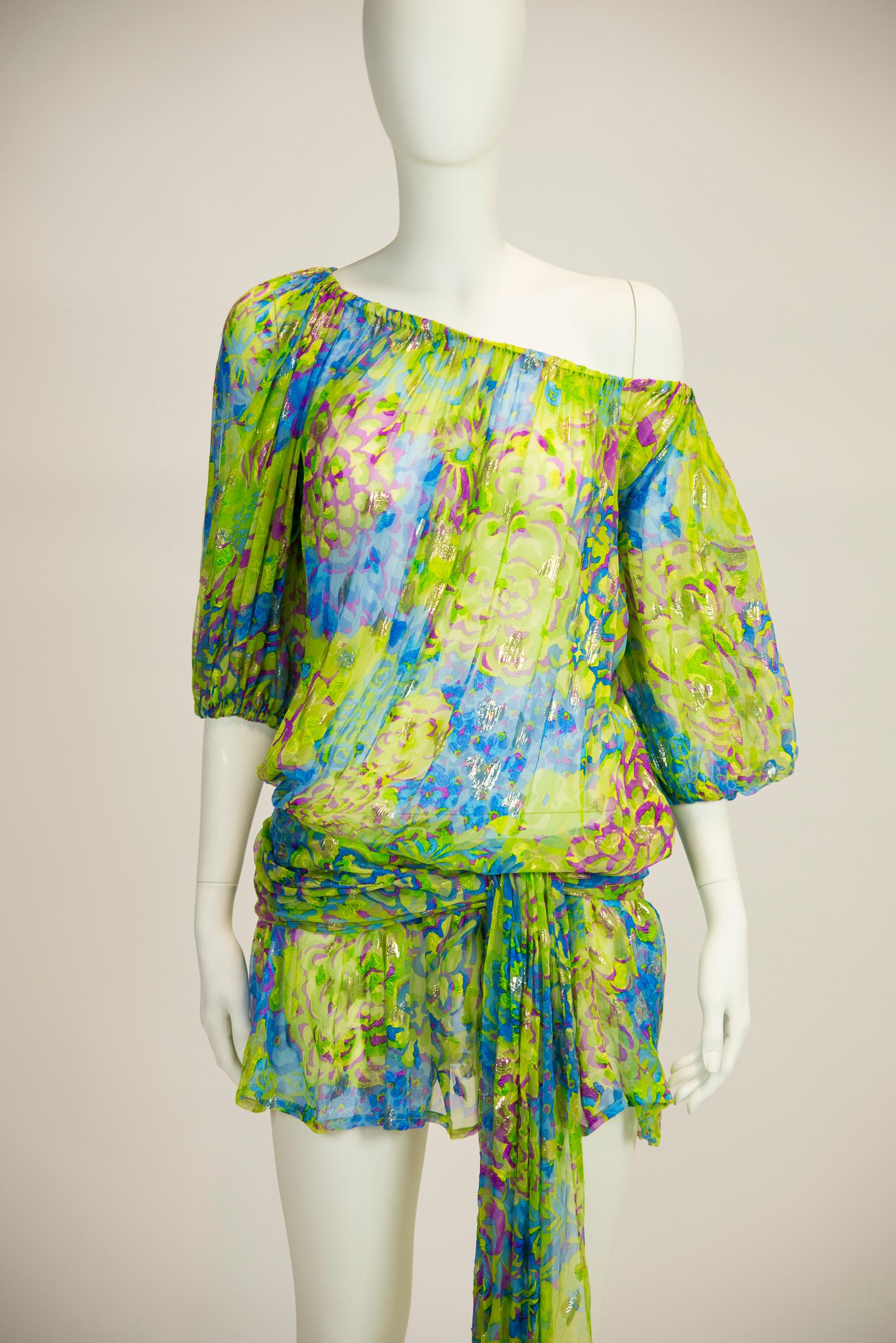 Yves Saint Laurent Runway Floral-Print Silk Chiffon Mini Dress Or Top, SS 1990 In Good Condition In Geneva, CH