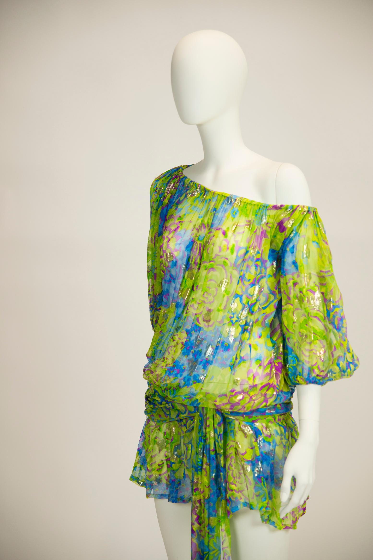 Yves Saint Laurent Runway Floral-Print Silk Chiffon Mini Dress Or Top, SS 1990 2