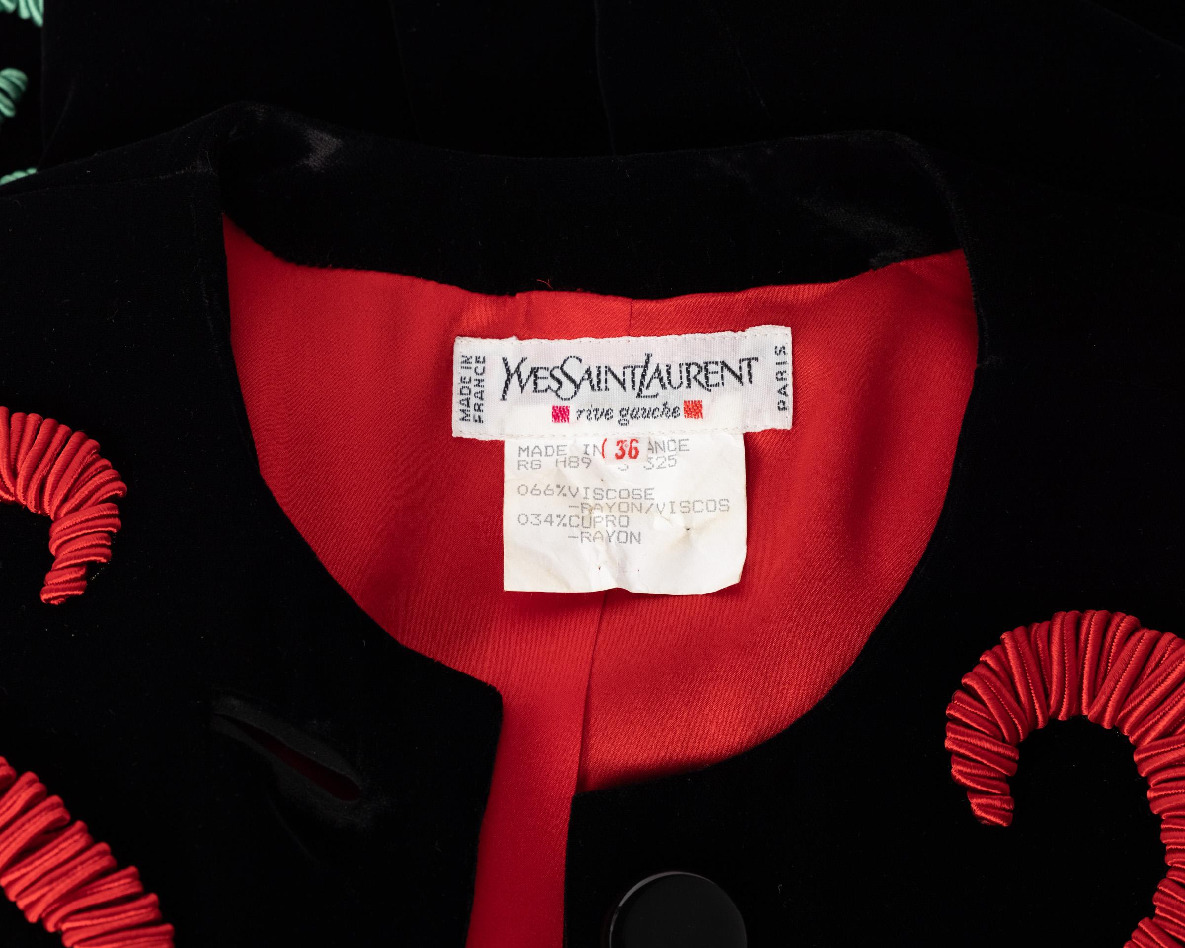 Yves saint Laurent Runway Velvet Red & Green Embroidered Jacket, 1989 For Sale 7