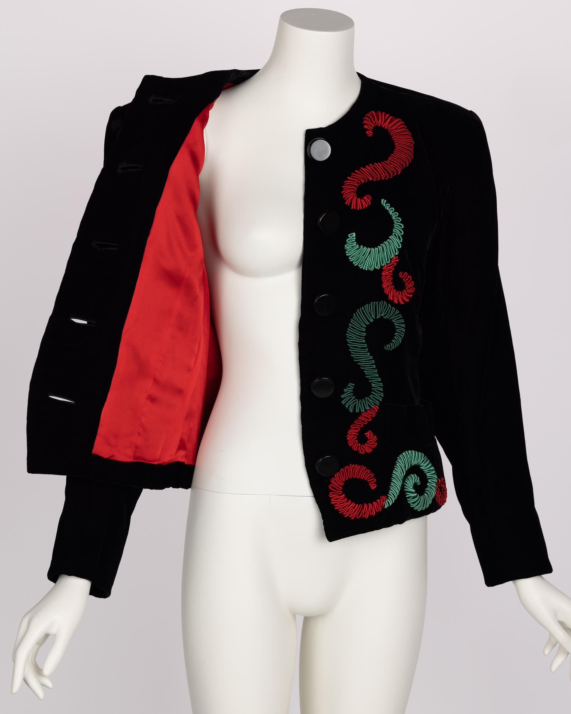 Yves saint Laurent Runway Velvet Red & Green Embroidered Jacket, 1989 For Sale 1