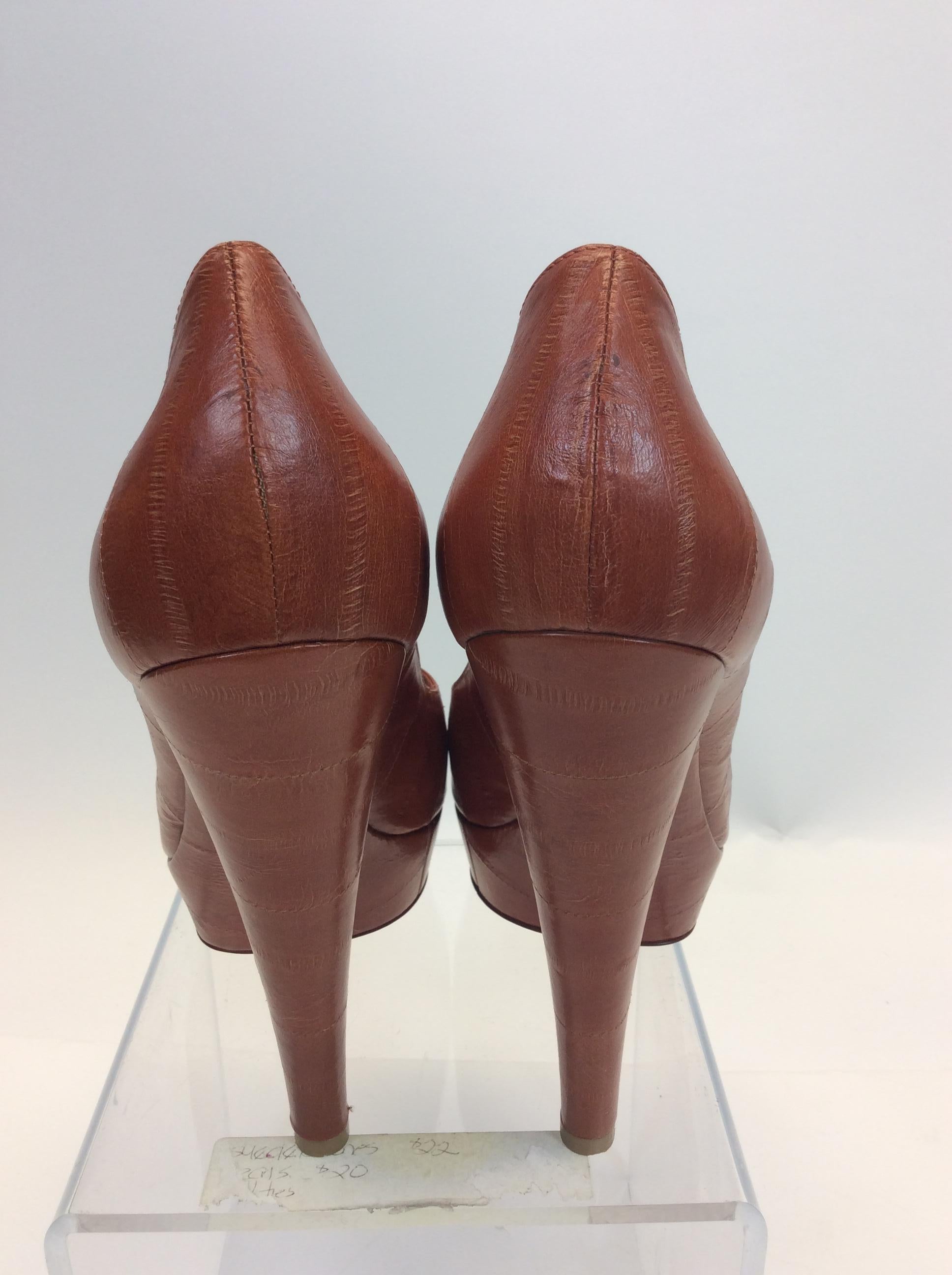 Women's Yves Saint Laurent Rust Orange Leather Peep Toe Pumps For Sale