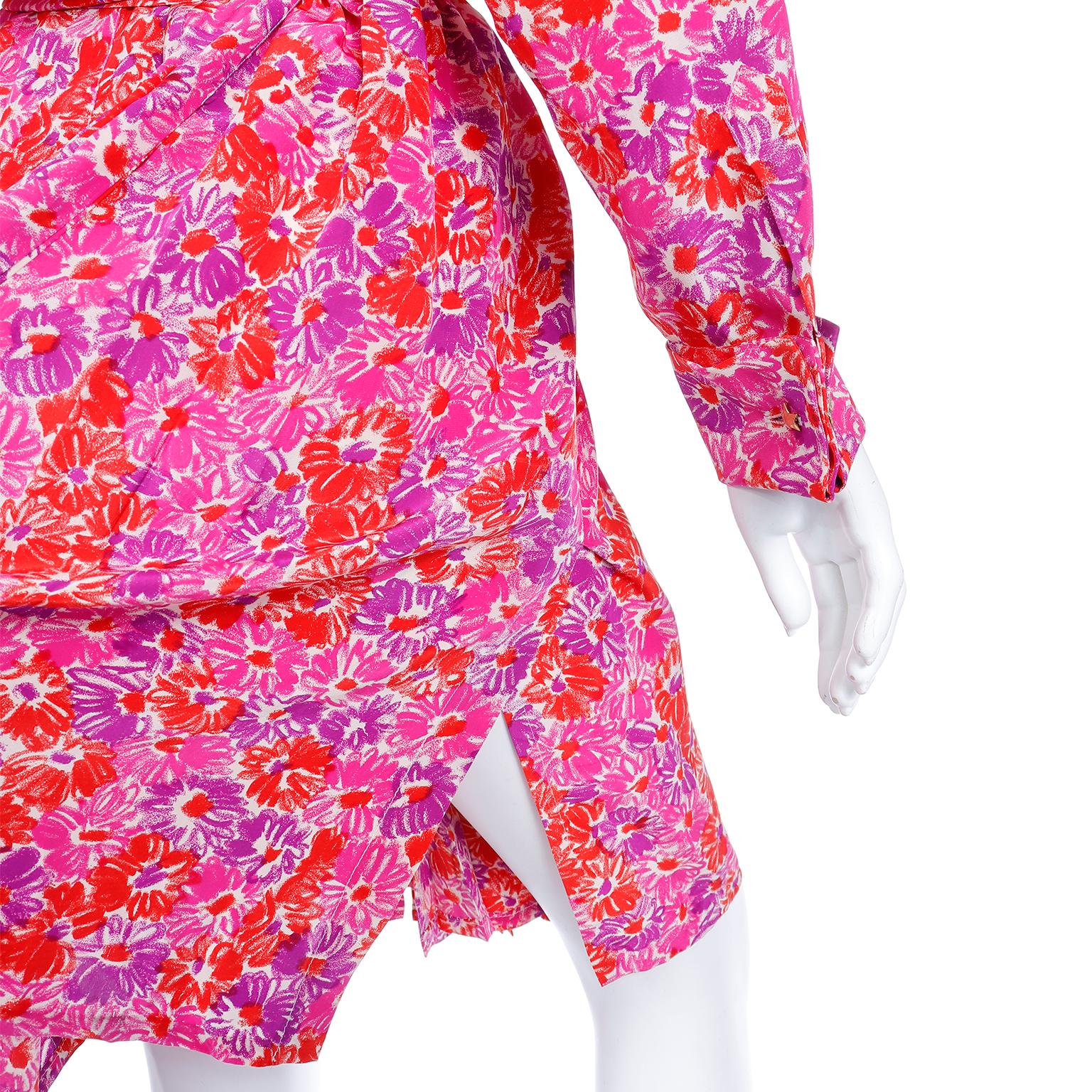 Yves Saint Laurent S/S 1989 Vintage Colorful Pink Floral Silk YSL Runway Dress For Sale 6