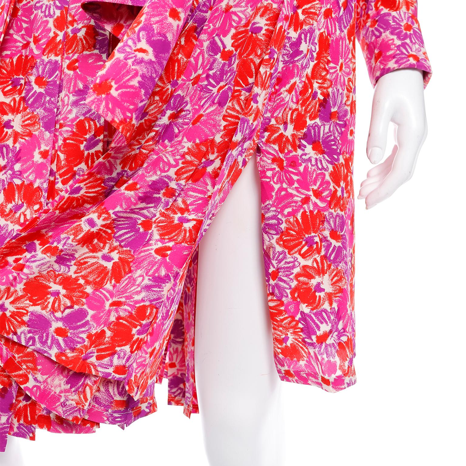 Yves Saint Laurent S/S 1989 Vintage Colorful Pink Floral Silk YSL Runway Dress For Sale 7