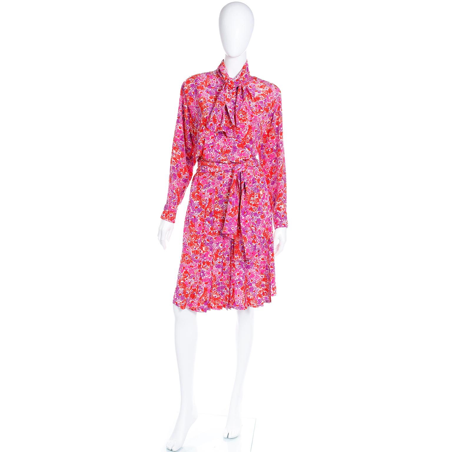 Yves Saint Laurent S/S 1989 Vintage Colorful Pink Floral Silk YSL Runway Dress In Excellent Condition For Sale In Portland, OR