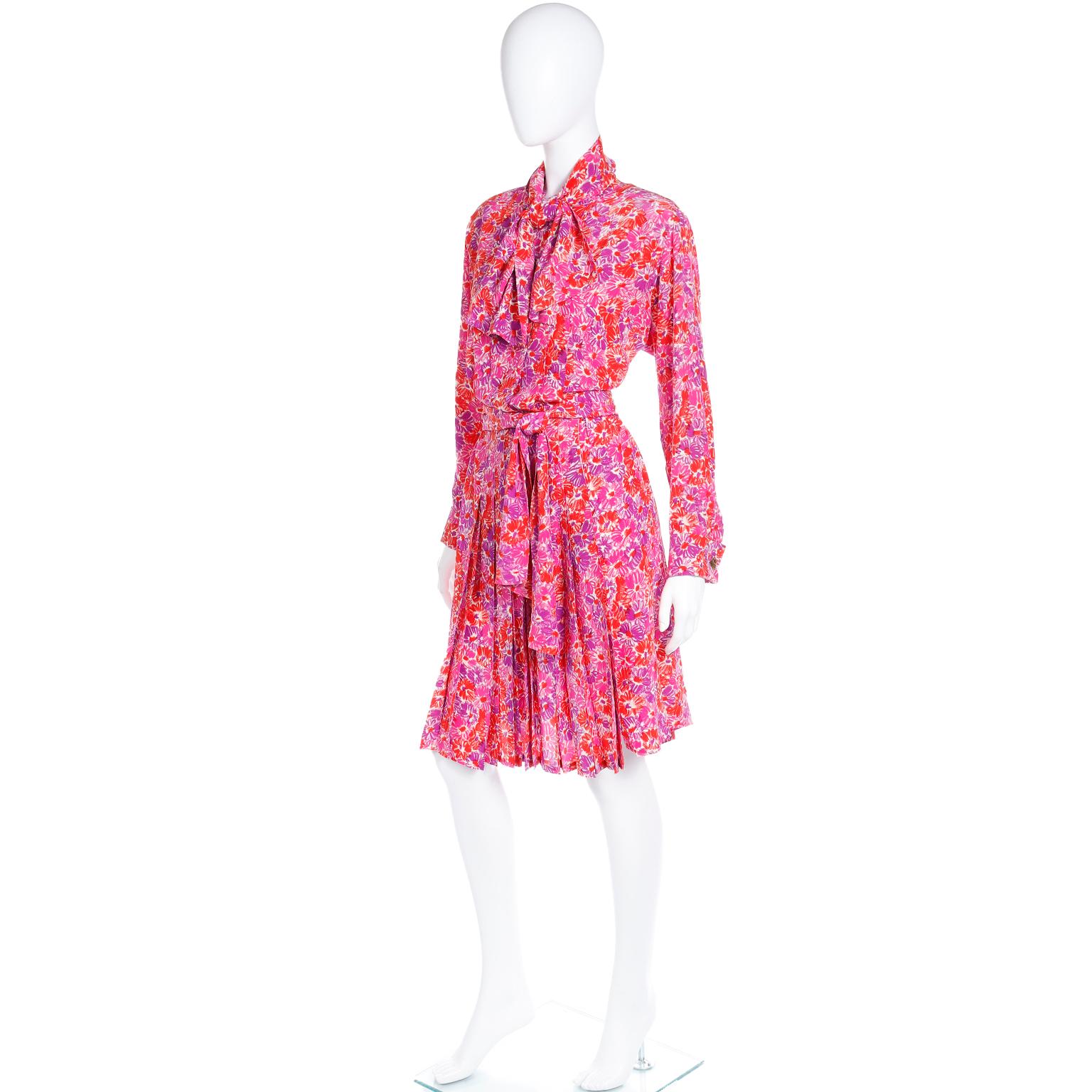 Women's Yves Saint Laurent S/S 1989 Vintage Colorful Pink Floral Silk YSL Runway Dress For Sale
