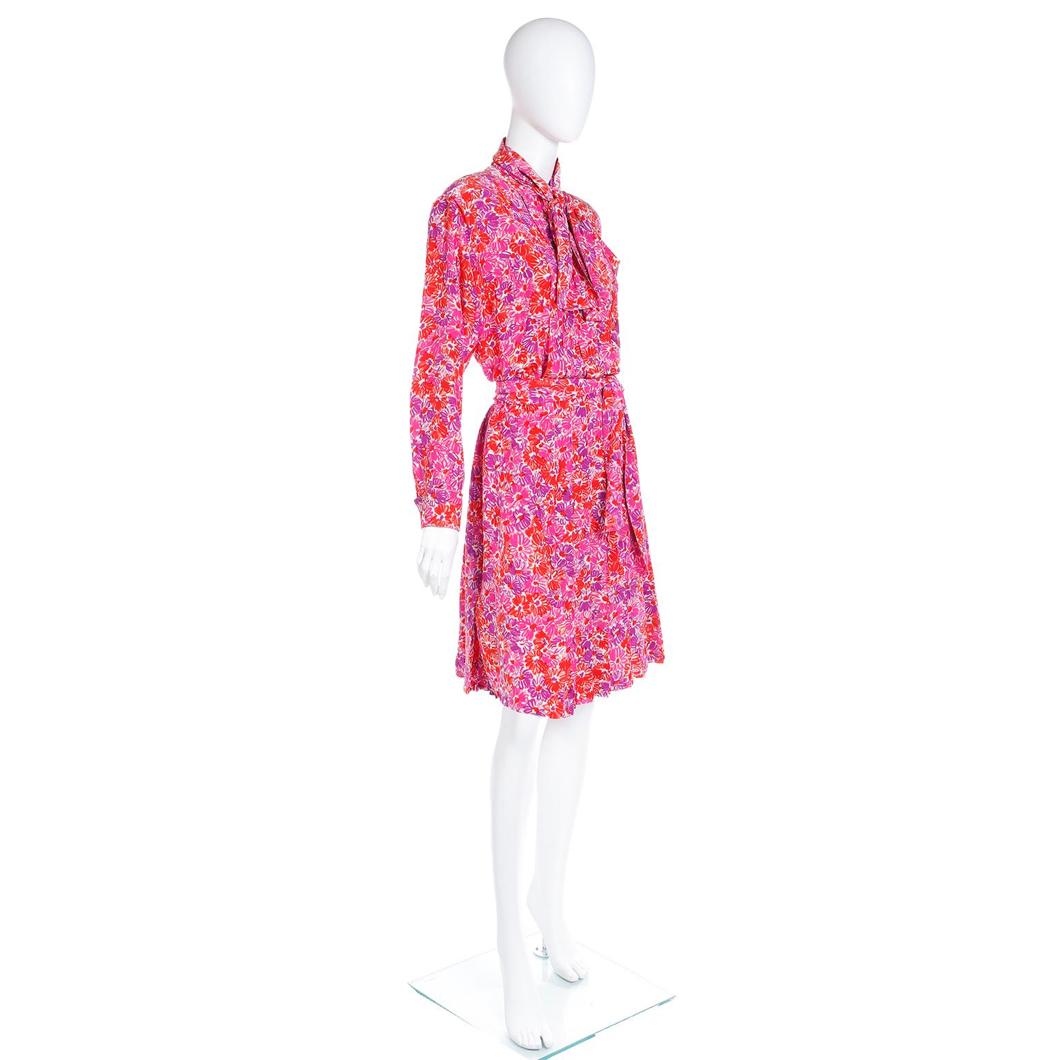 Yves Saint Laurent S/S 1989 Vintage Colorful Pink Floral Silk YSL Runway Dress For Sale 2