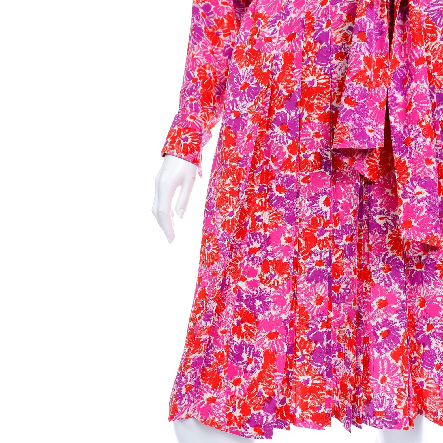 Yves Saint Laurent S/S 1989 Vintage Colorful Pink Floral Silk YSL Runway Dress For Sale 3
