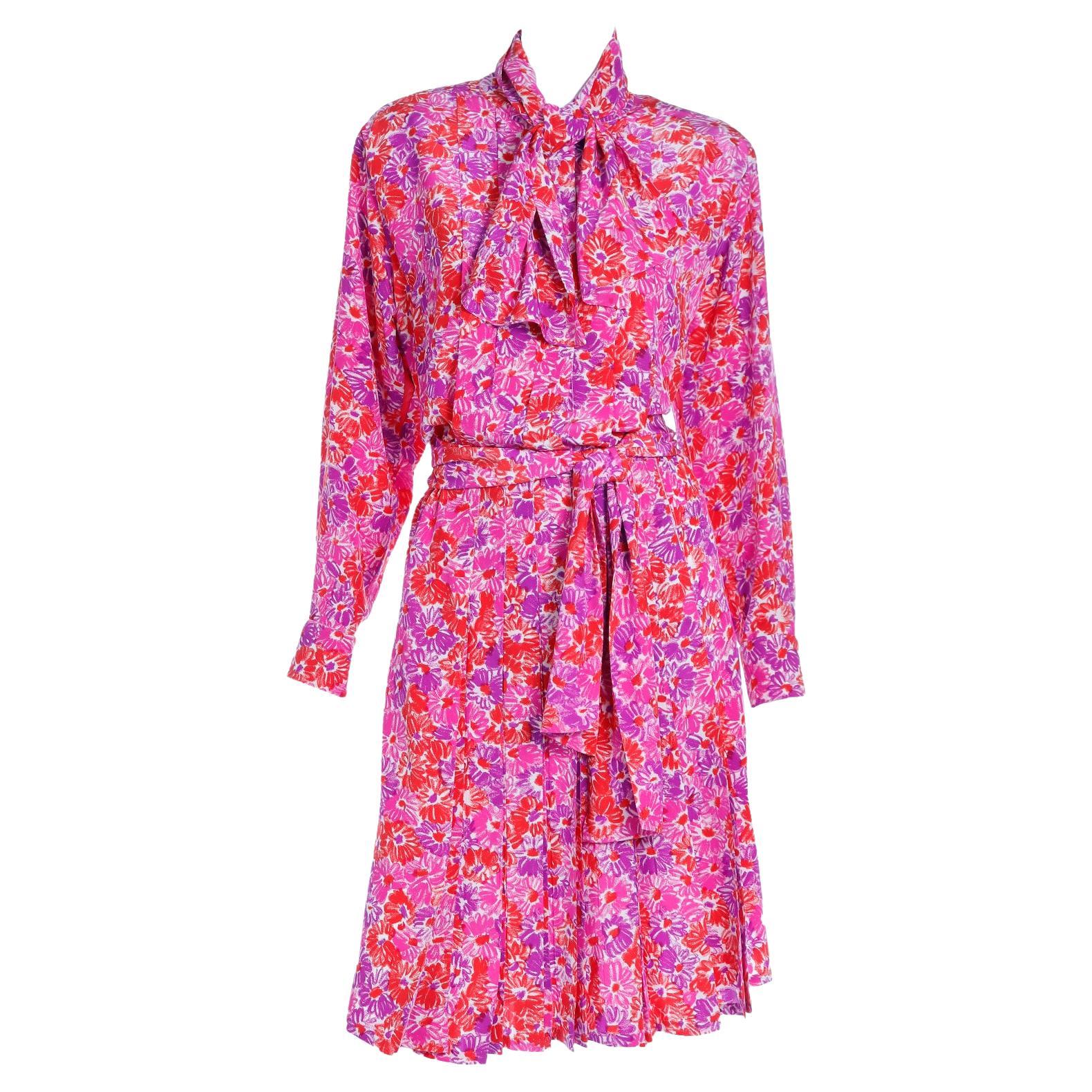 Yves Saint Laurent S/S 1989 Vintage Colorful Pink Floral Silk YSL Runway Dress For Sale