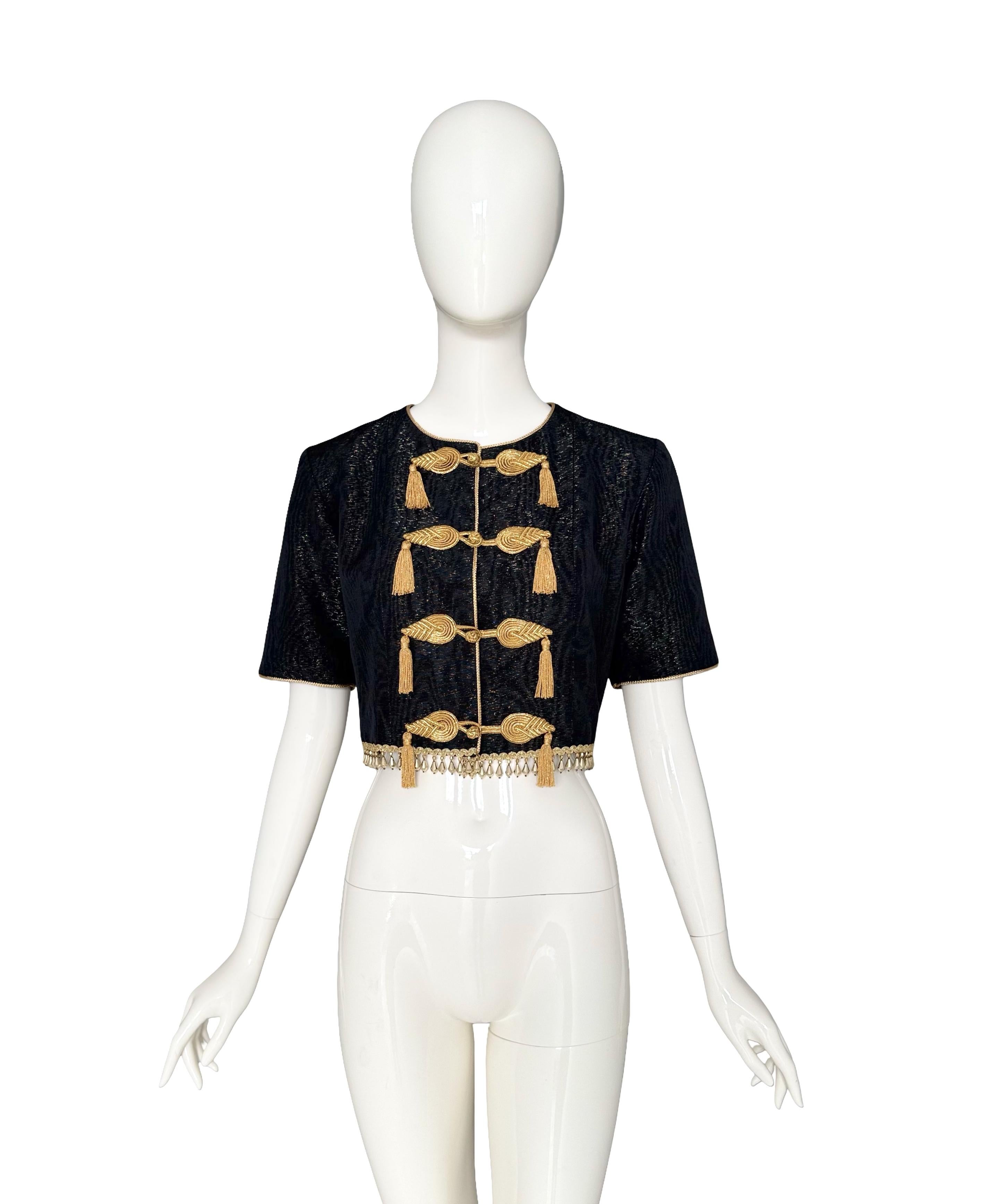 Donna Yves Saint Laurent - P/E 1993 Documentato - Top in seta nera impreziosito da nappe e perline in vendita