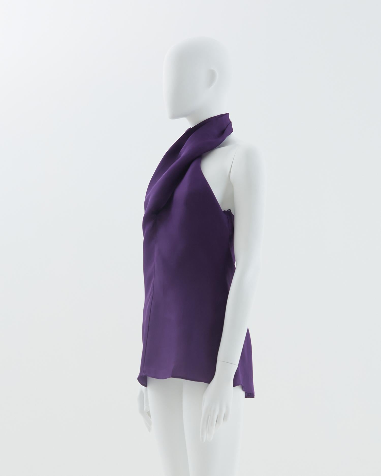 -  Designed by Stefano Pilati 
- Sold by Skof.Archive
- Runway look 12
- Purple organza silk halter top 
- Open back 
- Concealed zip back closure 
- Spring Summer 2012 
- Removed size label 

Size 
Approx
FR 38 - IT 42 - UK 10 - US 8
