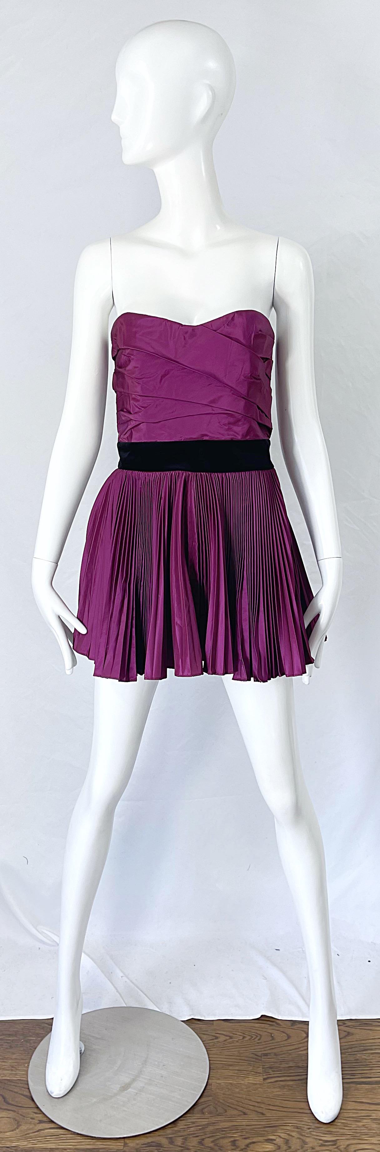 Sexy YVES SAINT LAURENT YSL by Stefano Pilati purple and black silk taffeta micro mini strapless dress or top ! Features a boned tailored bodice with flirty fortuny pleated trapeze skirt. Black velvet waistband with attached tied on the back. Full