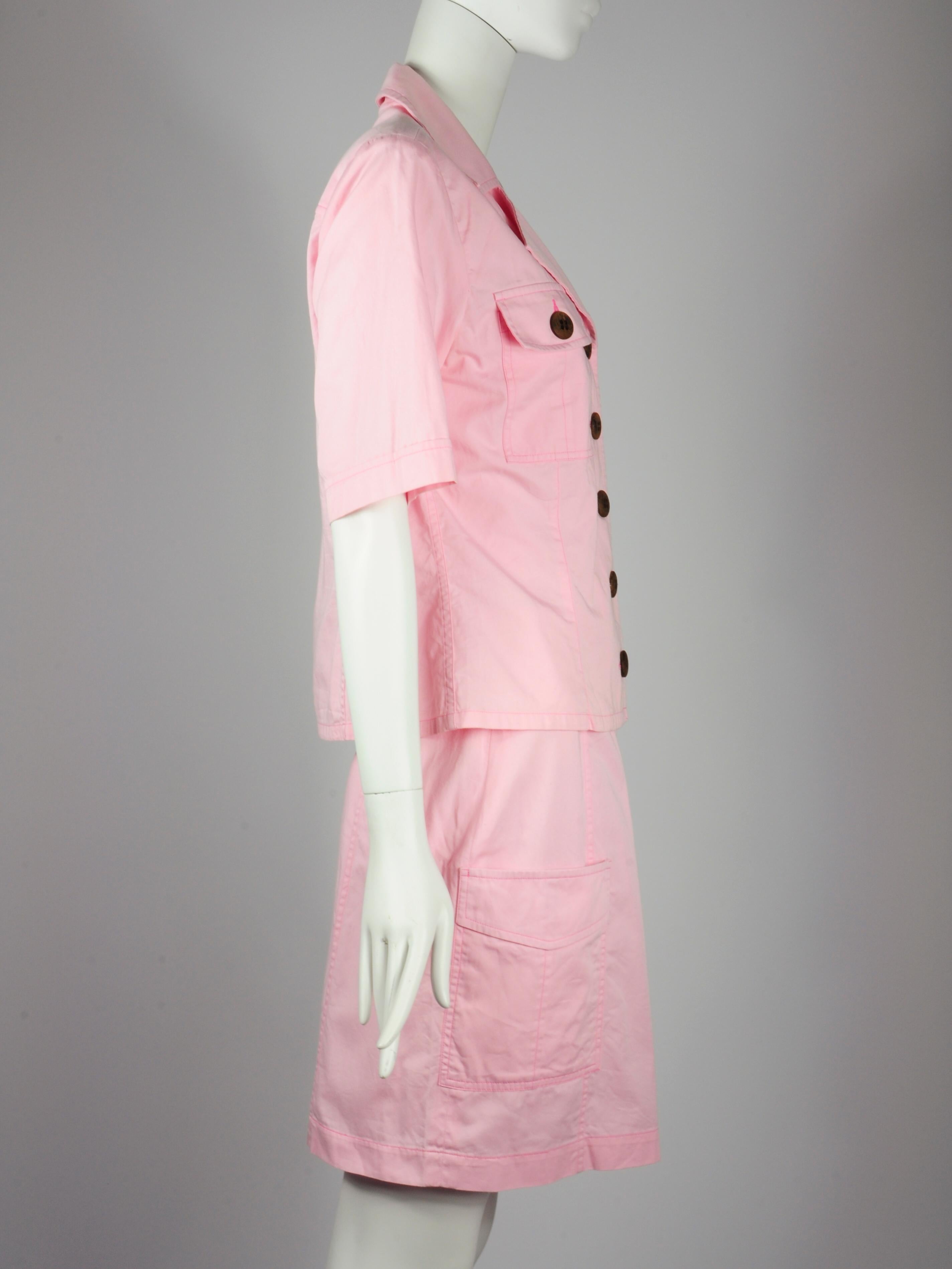 Yves Saint Laurent Saharienne Safari Two Piece Skirt Suit Set Pink Pockets 1990s For Sale 7