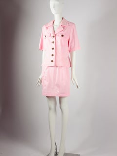 Yves Saint Laurent Saharienne Safari Two Piece Skirt Suit Set Pink Pockets 1990s