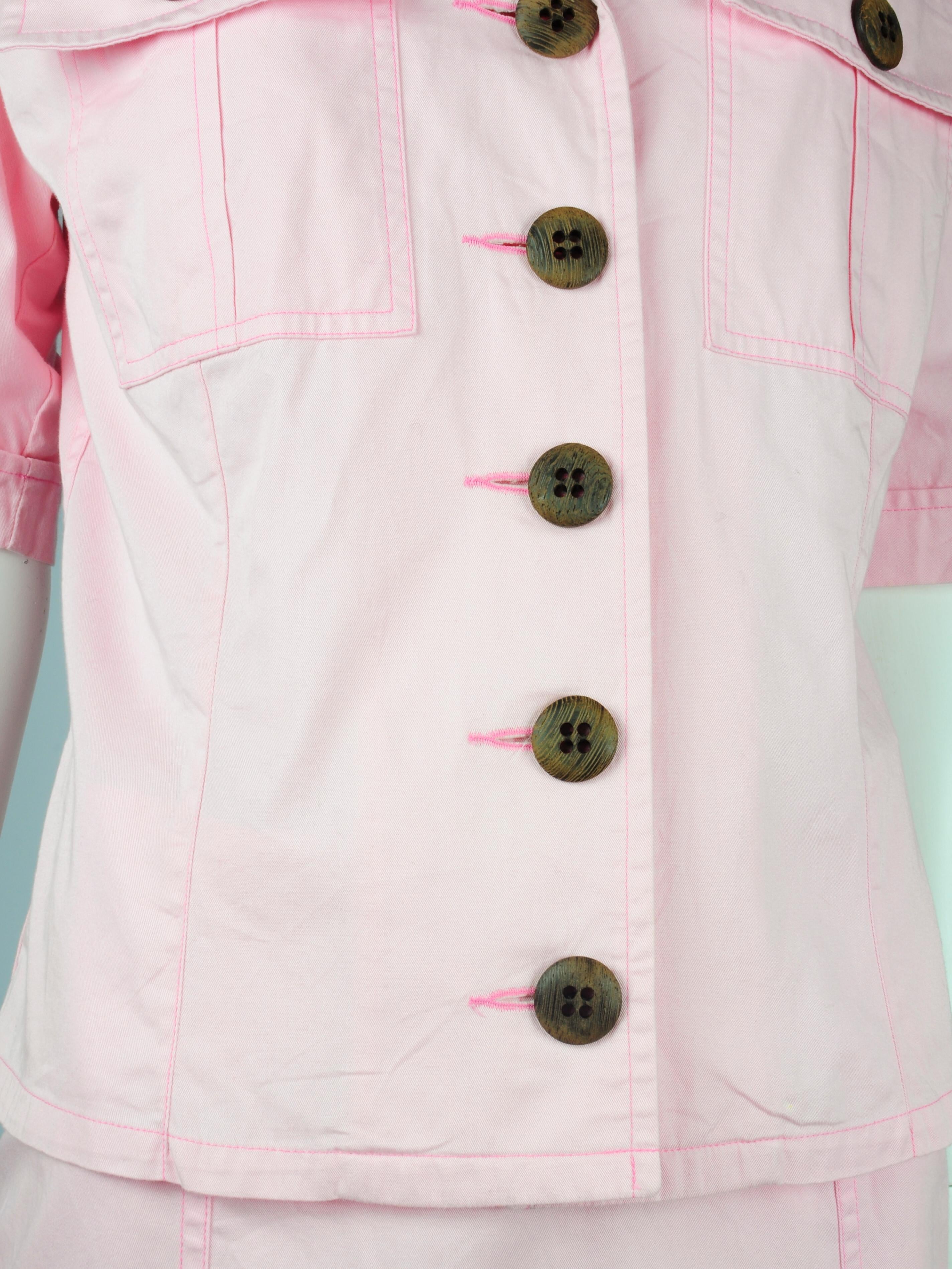 Women's Yves Saint Laurent Saharienne Safari Two Piece Skirt Suit Set Pink Pockets 1990s For Sale
