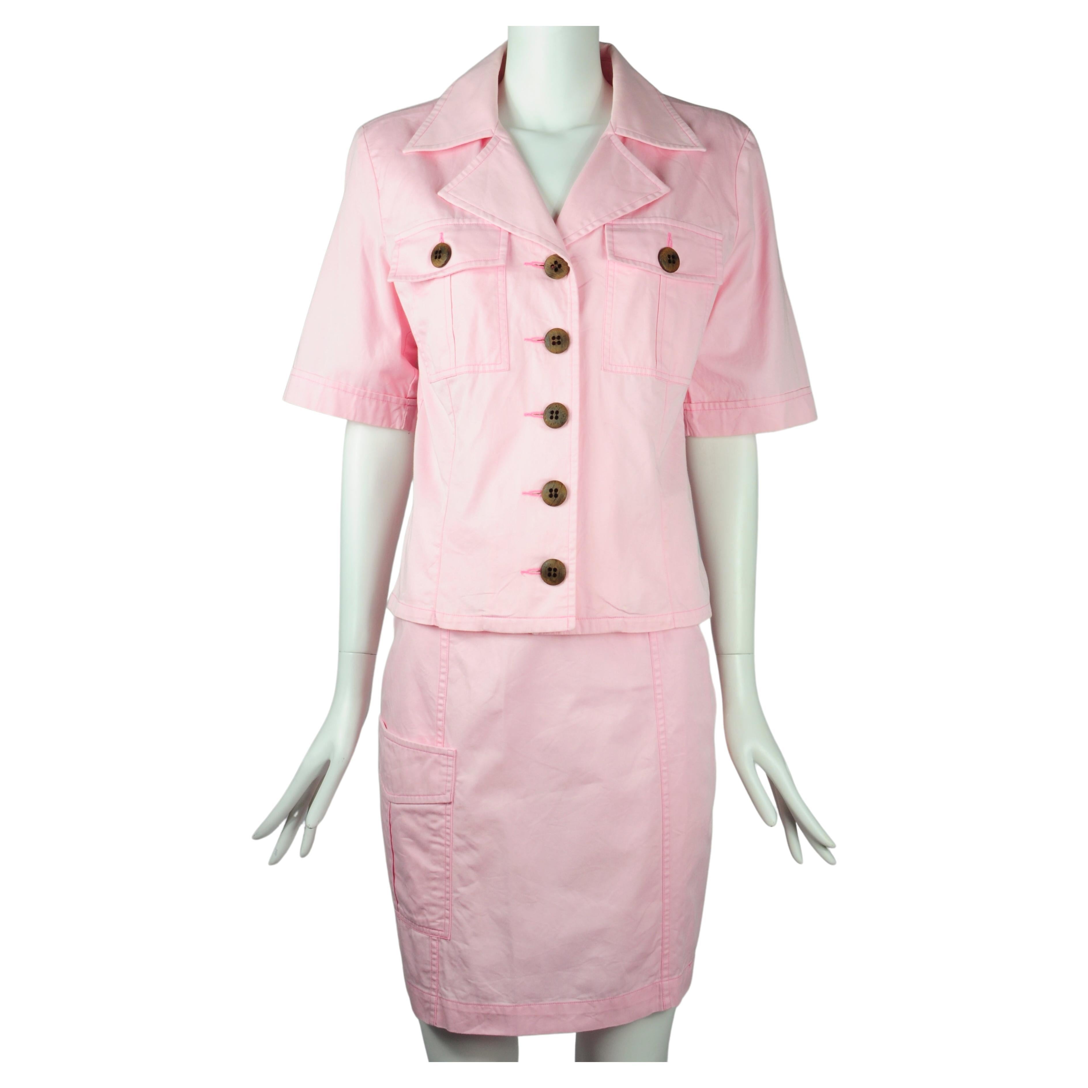 Yves Saint Laurent Saharienne Safari Two Piece Skirt Suit Set Pink Pockets 1990s For Sale