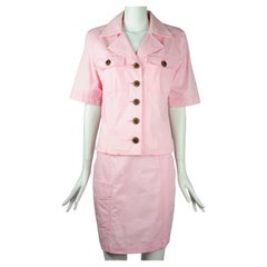 Yves Saint Laurent Saharienne Safari Two Piece Skirt Suit Set Pink Pockets 1990s