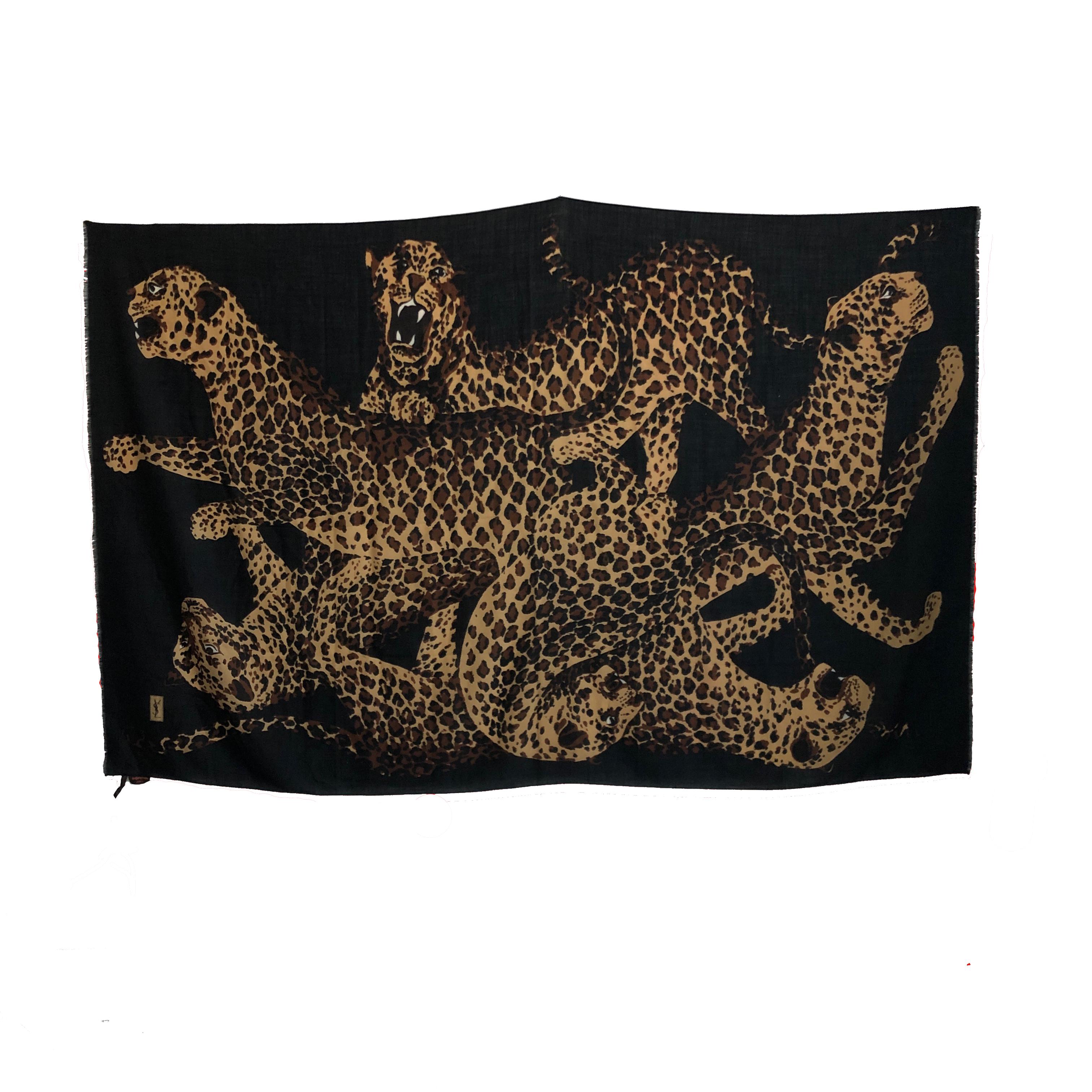 Yves Saint Laurent Scarf Leopard Oversized Shawl Silk Wool Blend Vintage 84in For Sale 8
