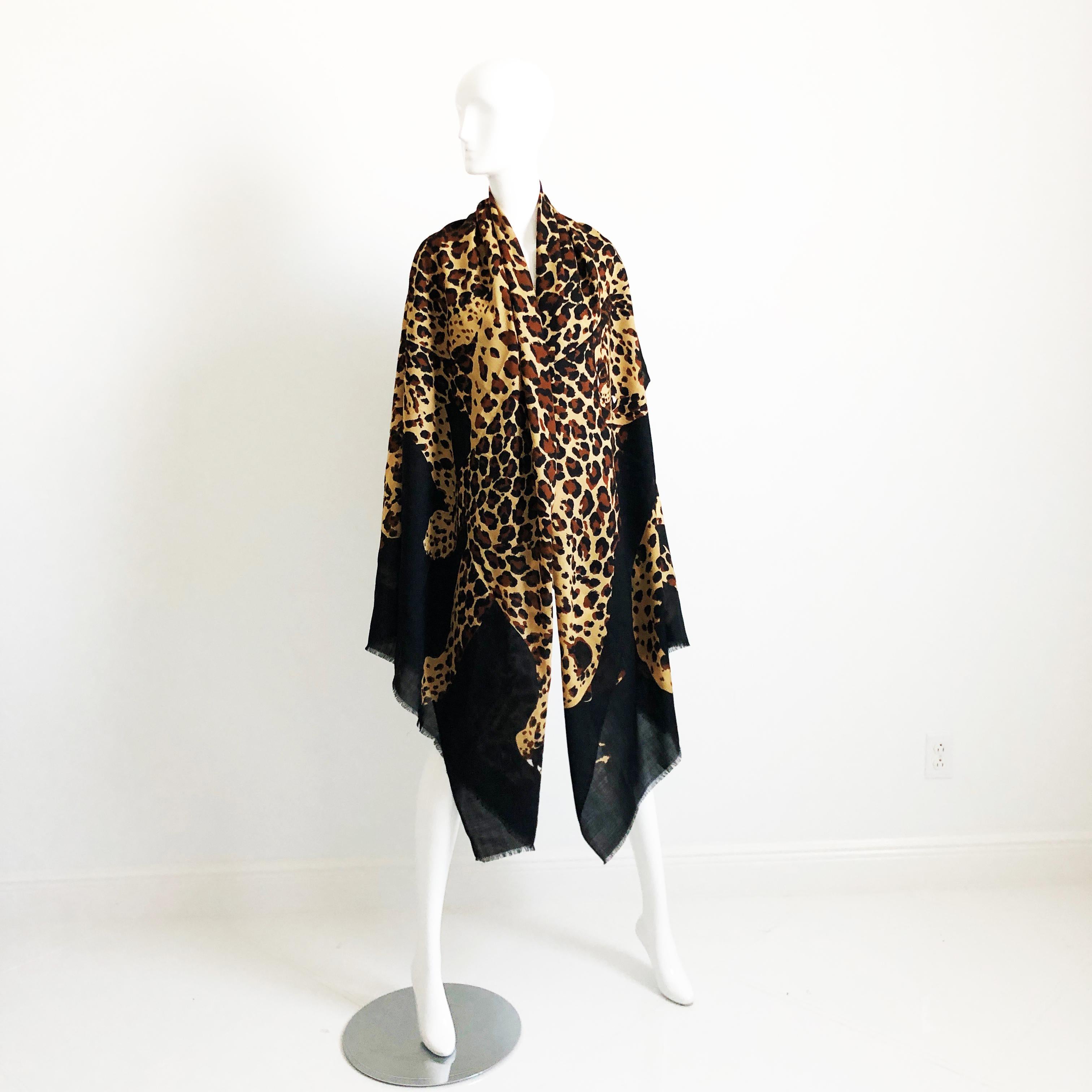 Women's or Men's Yves Saint Laurent Scarf Leopard Oversized Shawl Silk Wool Blend Vintage 84in For Sale