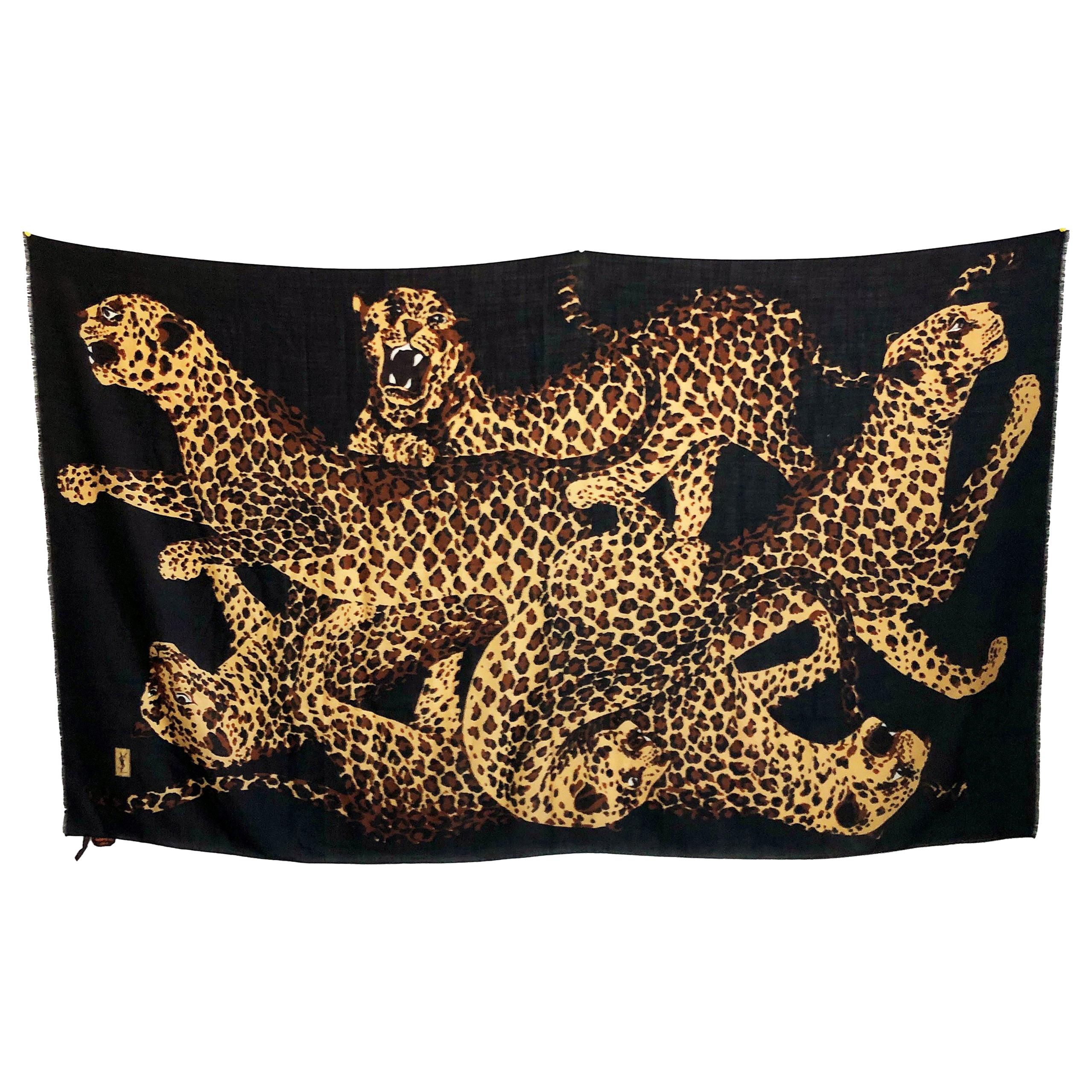 Yves Saint Laurent Scarf Leopard Oversized Shawl Silk Wool Blend Vintage 84in For Sale