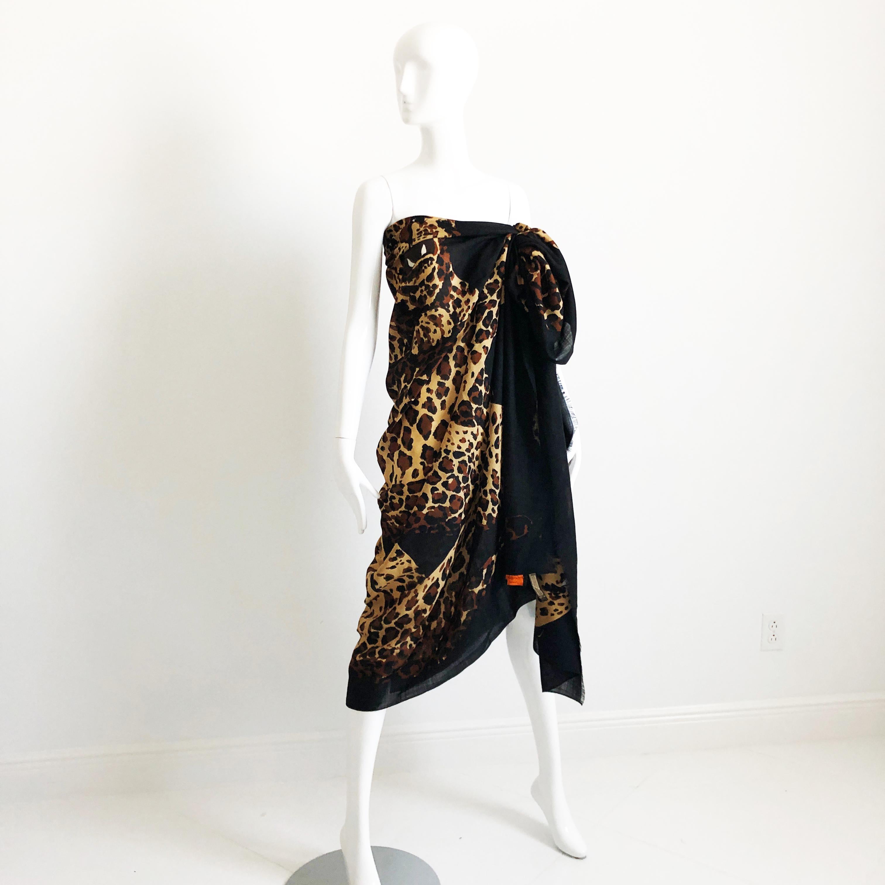 Women's or Men's Yves Saint Laurent Shawl Leopard Oversized Scarf Silk Wool Blend Vintage 84in For Sale