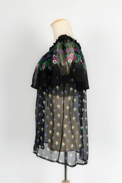 Yves Saint Laurent Sheer Black Chiffon Blouse with Flower Print