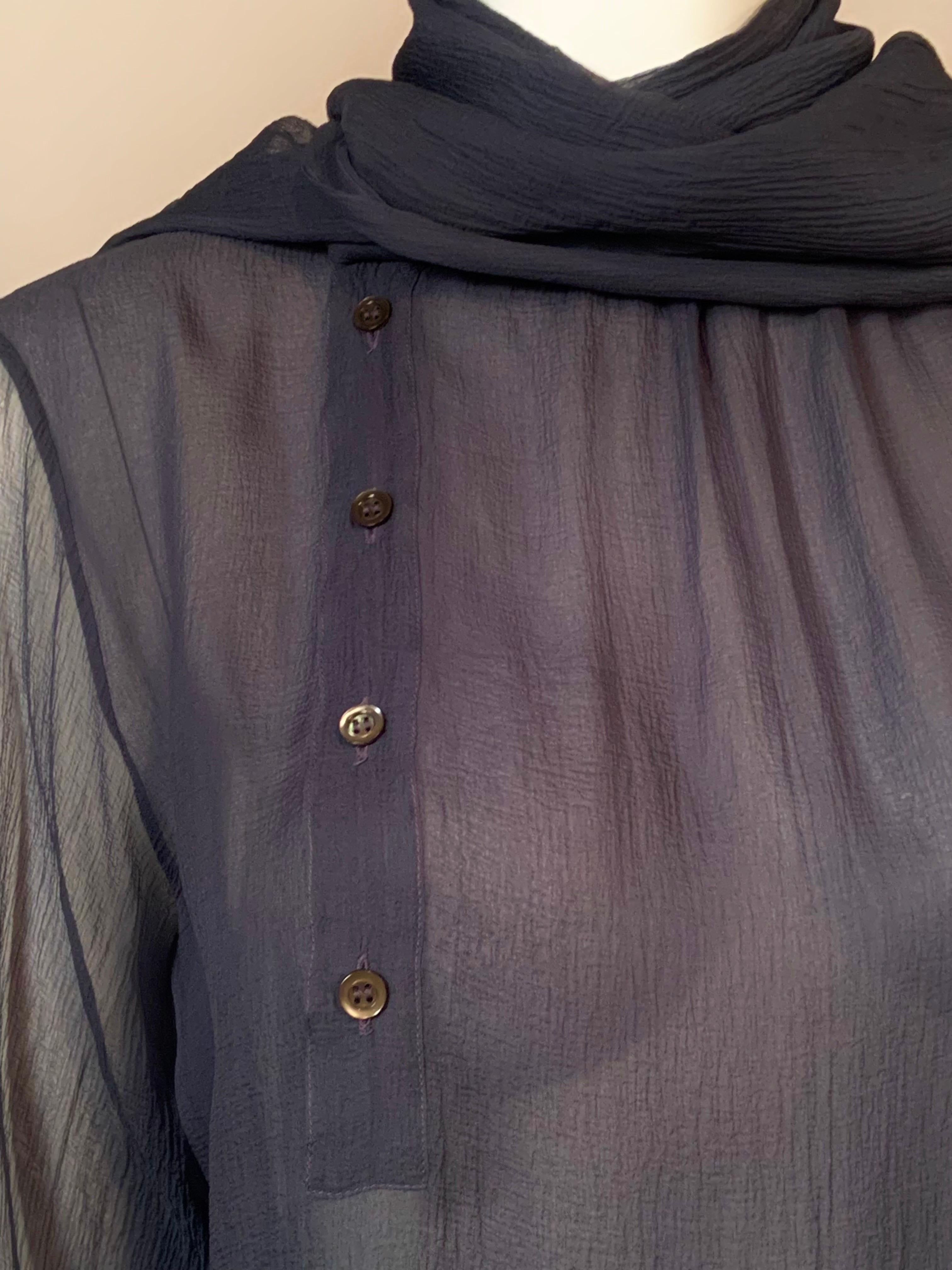 Yves Saint Laurent Sheer Slate Blue Silk Georgette Blouse In Excellent Condition For Sale In New Hope, PA